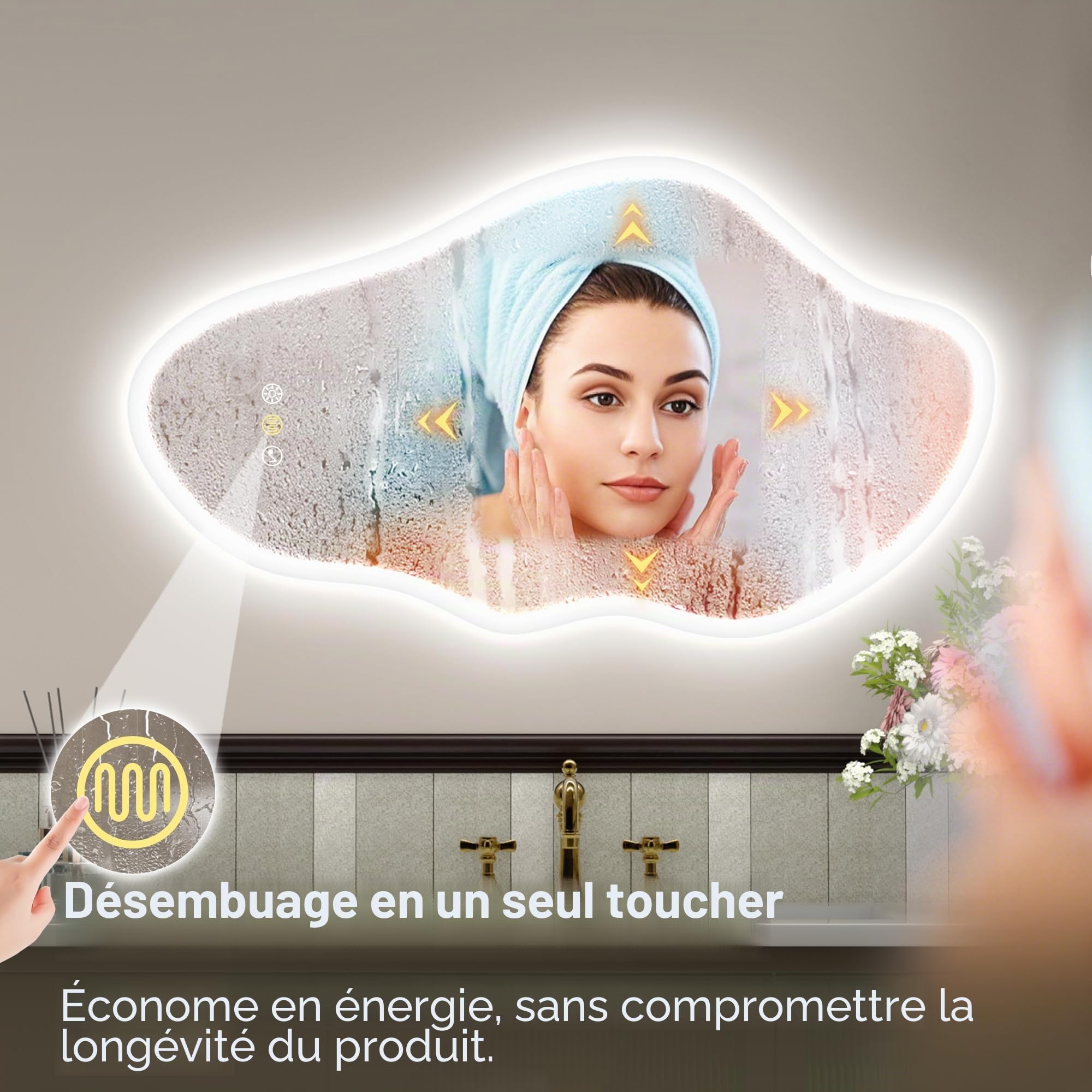 STARLEAD Asymétrique Miroir-Salle-de-Bain-avec-Eclairage 90x50cm, Irrégulier Miroir-LED avec Bluetooth, 3 Couleurs de Lumière Réglables, Anti-buée, Mémoire, IP44, Verre Trempé, Horizontal/Vertical