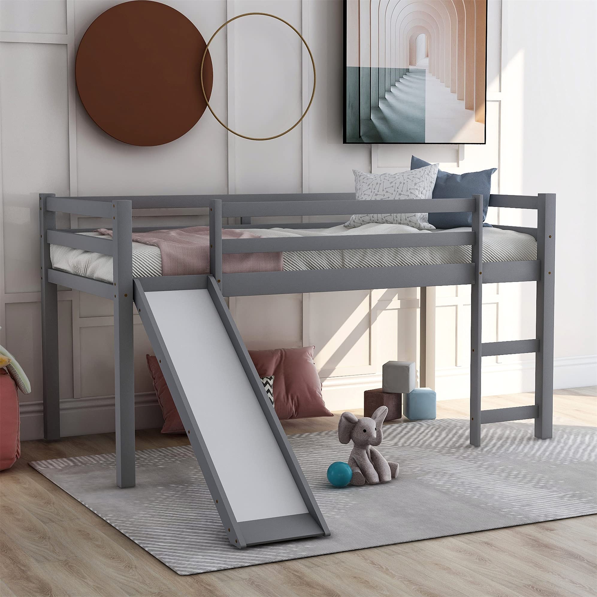 Harper & Bright Designs Kids Low Loft Bed with Slide, Twin Size Wooden Loft Bed Frame, Gray