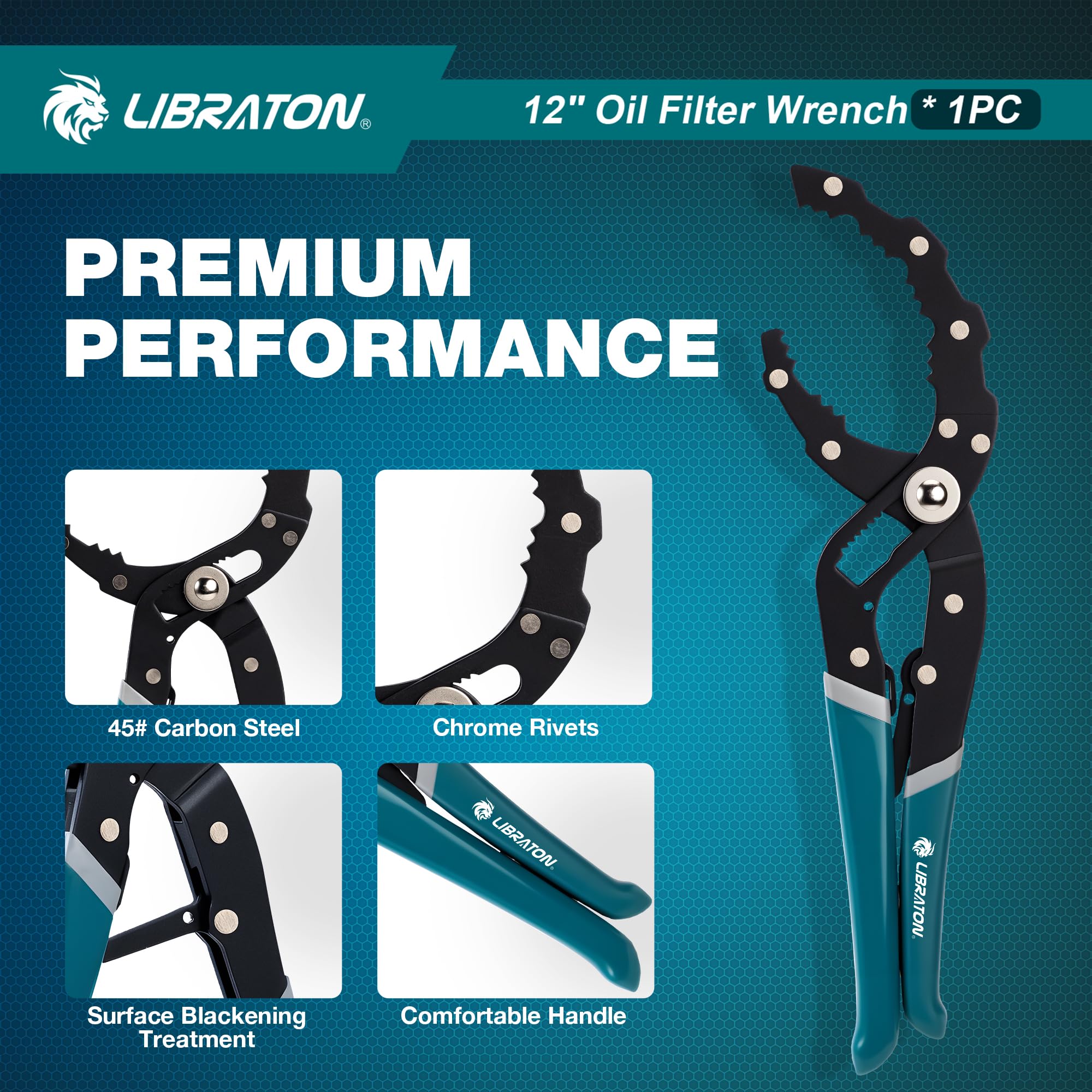 LIBRATON Llave para Filtro de Aceite de 300mm, Alicates Ajustables para Filtros de Aceite (Apertura 60-120mm), Herramienta para Quitar Filtro de Aceite, Uso con Una Mano, para Coches, Motos, Camiones
