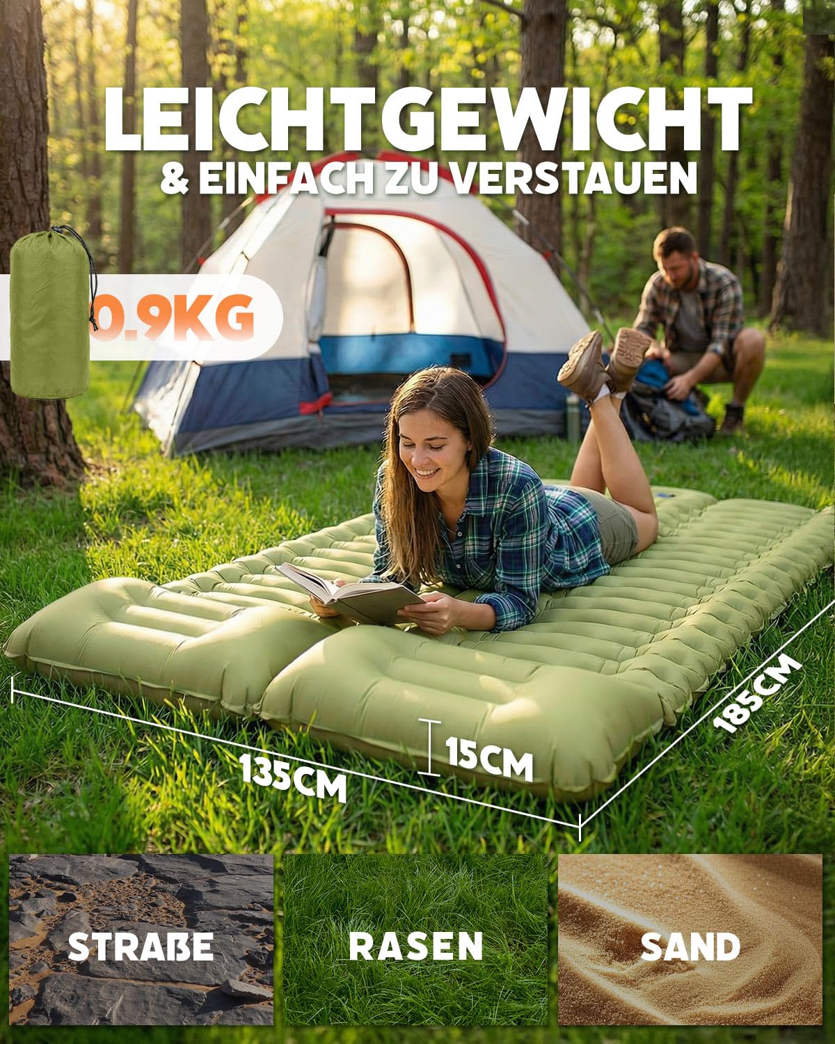 Camping Doppelt,Ultraleichte Isomatte Aufblasbar mit Integriertem Kissen & Fußpumpe, Kompakte Camping Schlafmatte Wasserdicht für Trekking, Backpacking, Reisen und Zelt,185 * 135 * 15(cm)