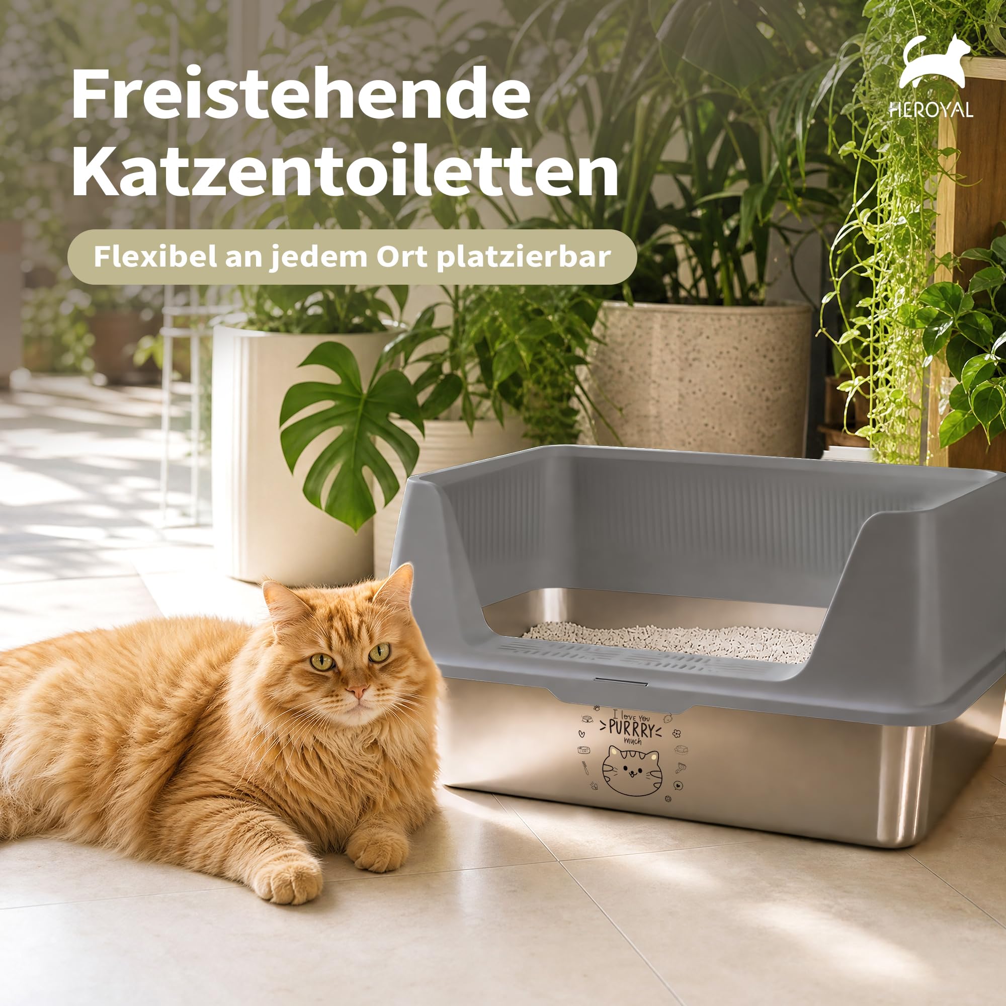 Katzenklo Edelstahl XXXL mit DIY-Aufkleber (60x40x30cm), 37L Katzentoilette Edelstahl mit Deckel, Große Kapazität, Auslaufsicher&Spritzsicher, einfacher EIN- und Ausstieg, Einfach zu Reinigen