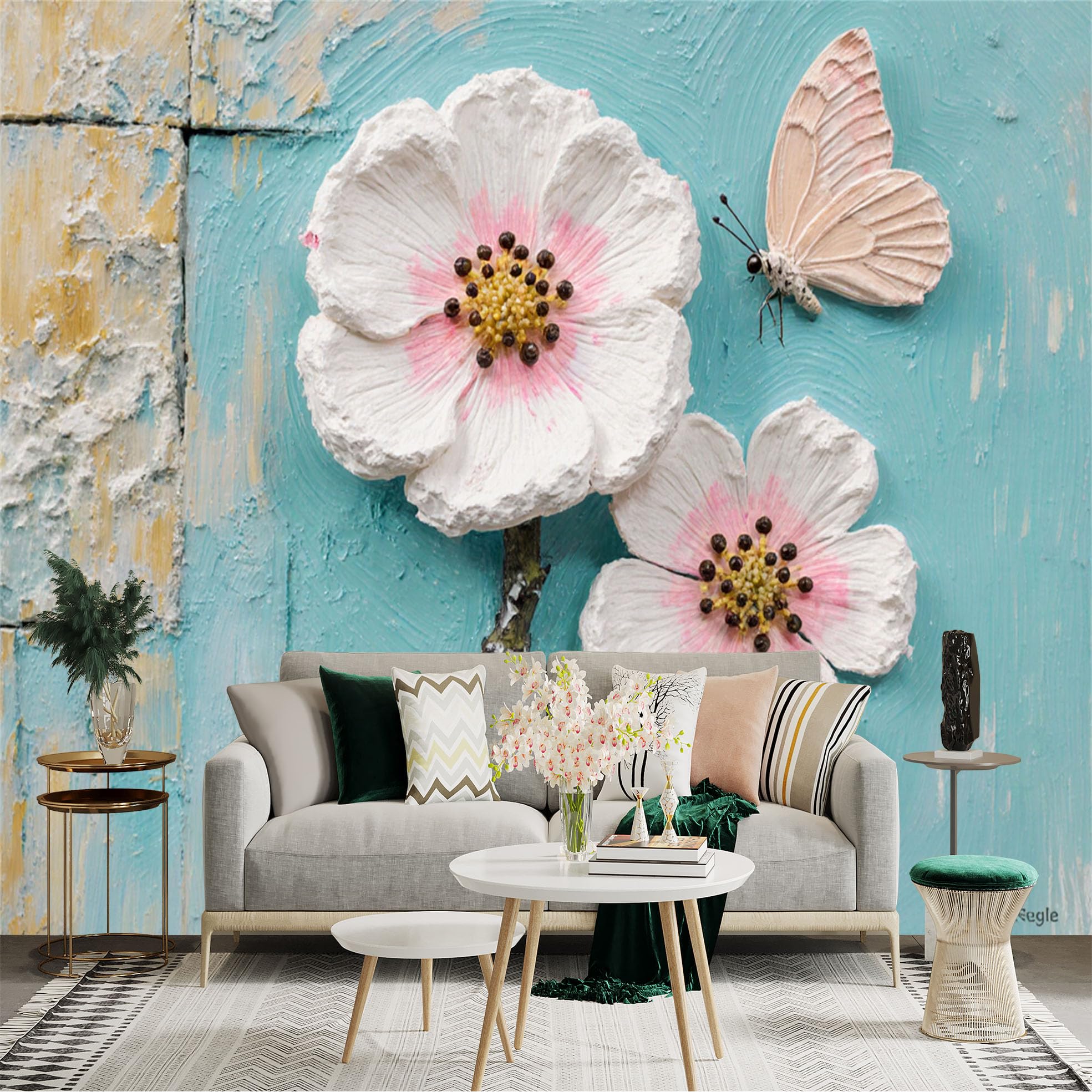 Custom Size Wall Sticker Mural， White Flowers and Butterfly， Textured Oil Painting Style， Botanical Wall Art， for wall Decoration， peelandstick wall Decals.