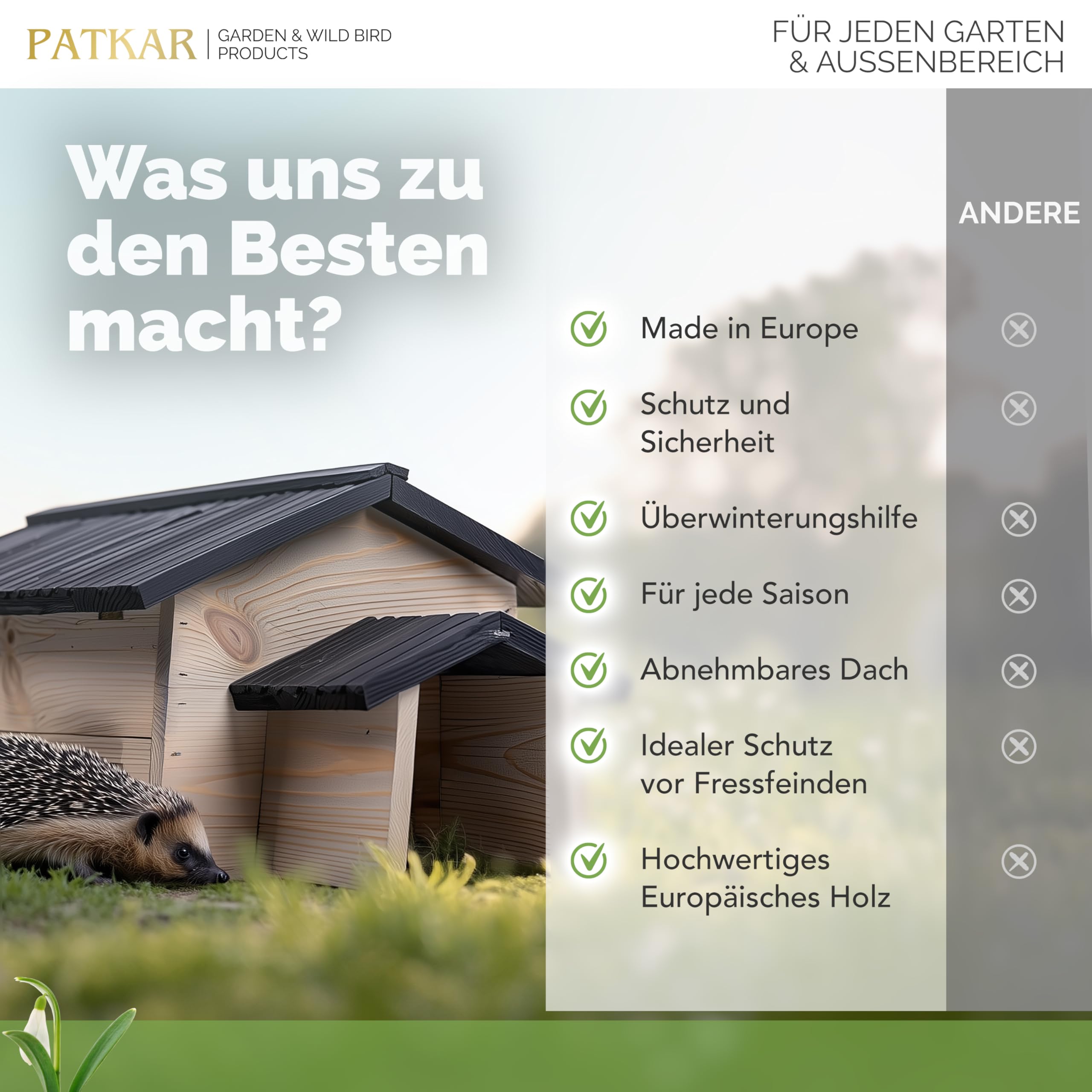 PATKAR Igelhaus Winterfest mit Boden Premium Igelfutterhaus Made in Europe Igel Haus Schlafhaus Futterhaus