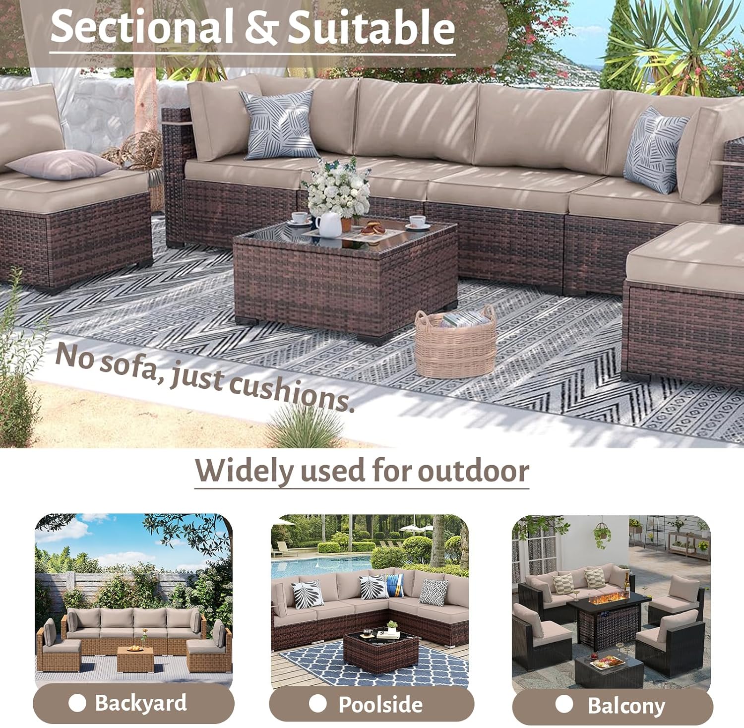 14Pcs Outdoor Sofa Replacement Cushions,Water-Resistant Patio Funiture Sectional Cushion,Outside Couch Coushions for 6-Seat Wicker Conversation Sets (Khaki)