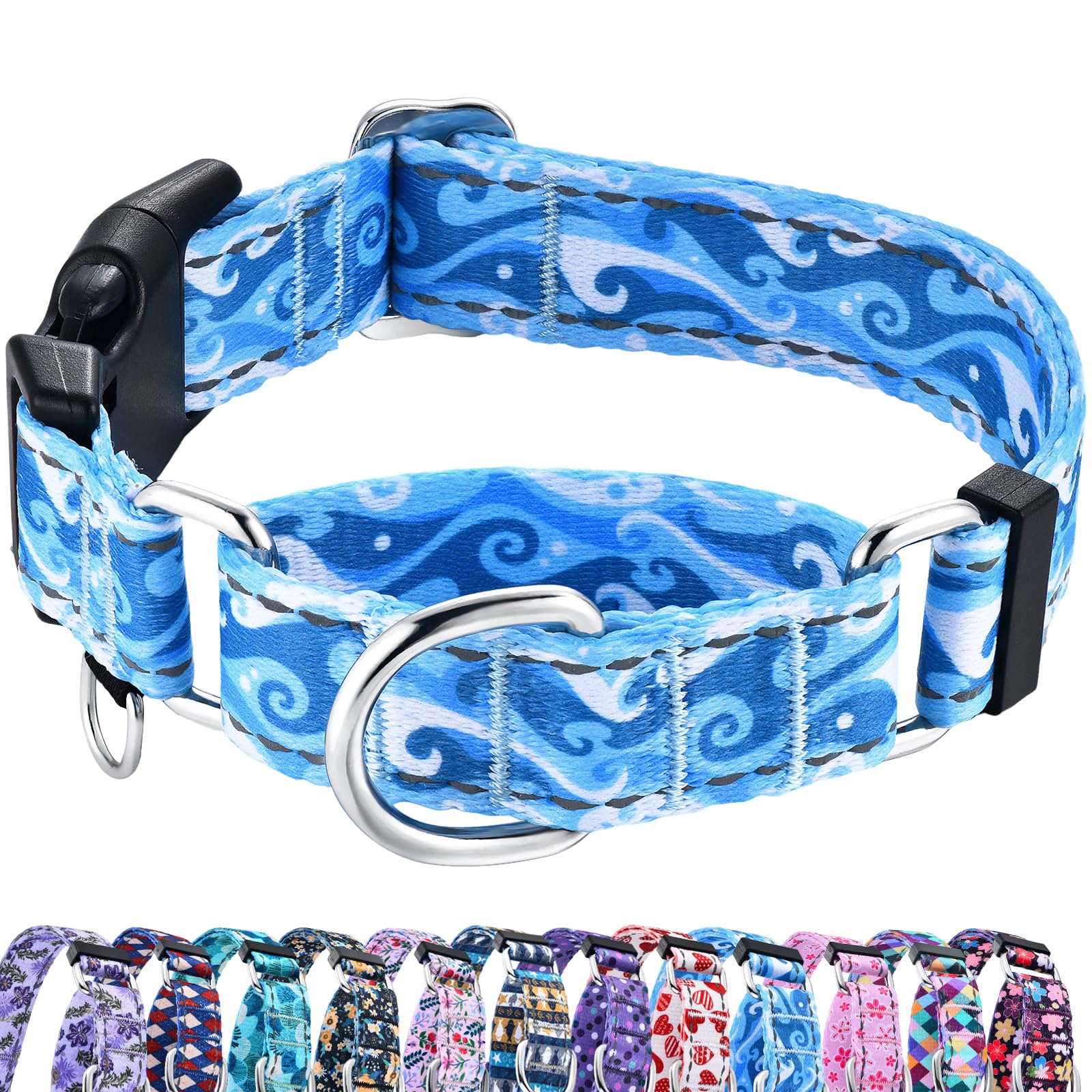 Collar reflectante de martingala con hebilla de liberación rápida, antitirones, ajustable, para perros (ondas azules, S)