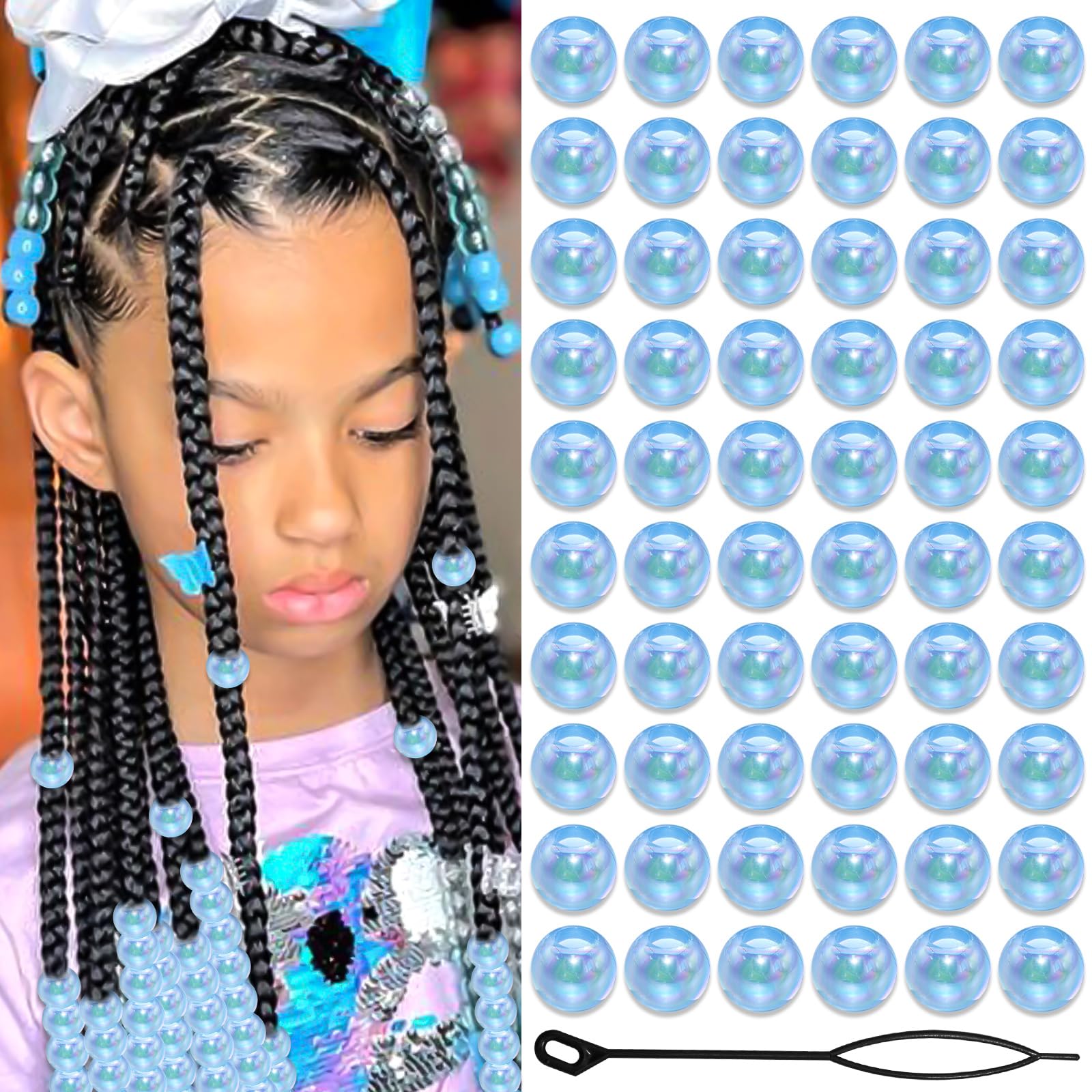 VENOFEN 60PCS Blue Hair Beads Transparent AB Round Bead for Locs Hair Dreadlock Jewelry Cute Glitter Pony Beads for Kids Girls Decoration Accessories