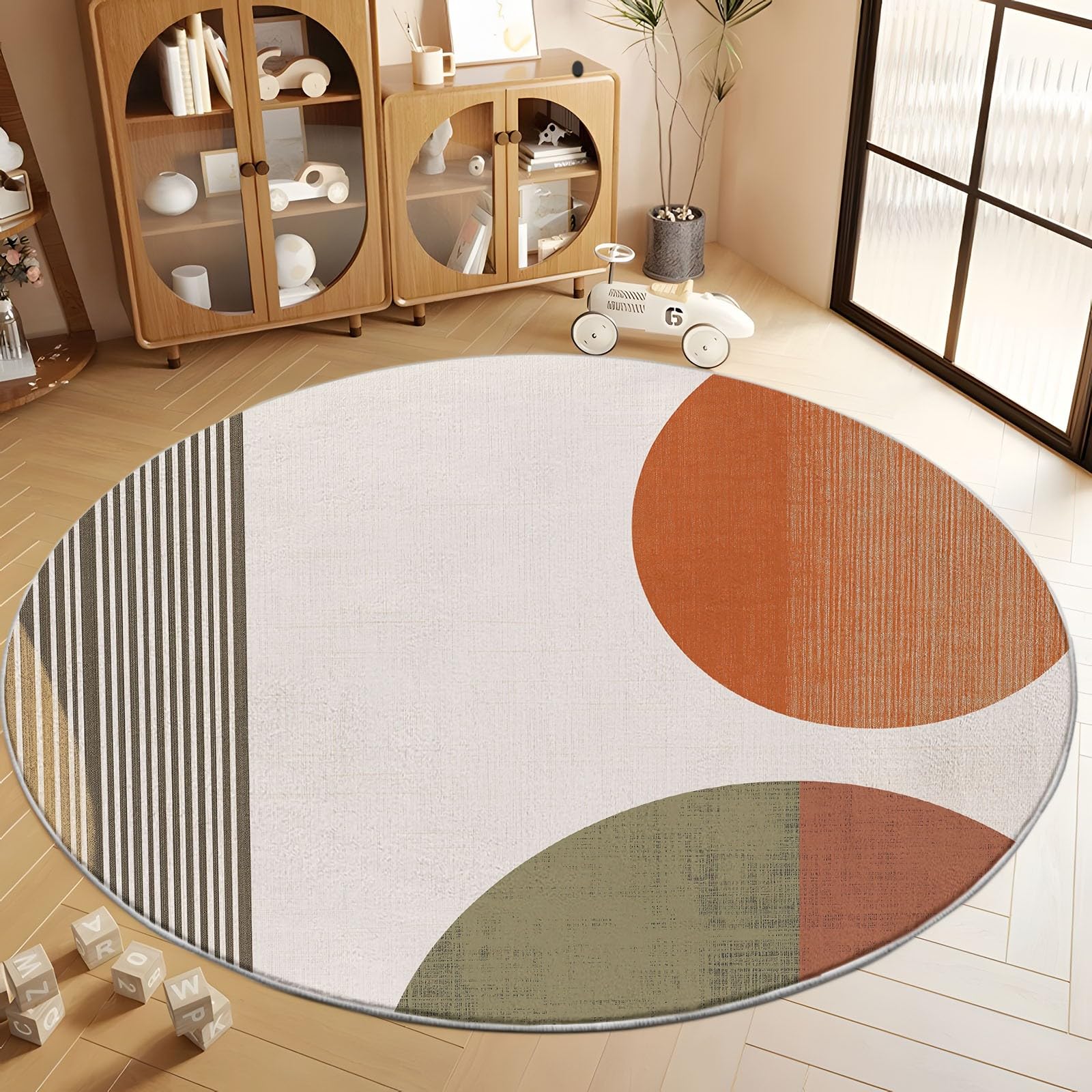 Rund Teppich Schlafzimmer Terrakotta Olivgrün und Beige Geometrie Erwachsener Kind Wohnzimmer Rund Teppich rutschfeste Flauschiger Rund Teppich Waschbar Flanell Rund Teppiche 140 cm
