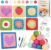 Vista 1 de Kit de ganchillo Katech para adultos - Juego de cuadrados de abuela de frutas y flores con alfombrilla de bloqueo, libro - Principiante avanzado