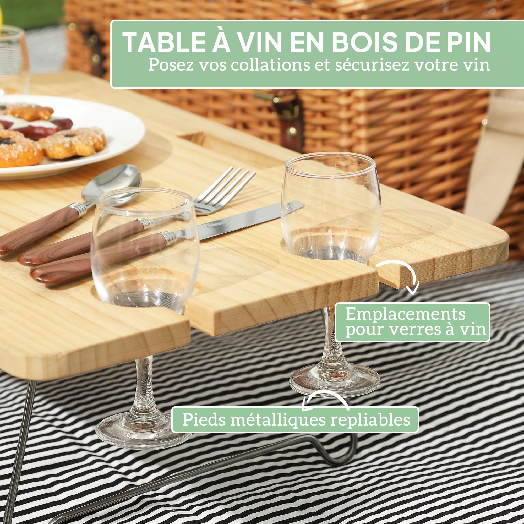 Outsunny Panier Pique-Nique en Osier 4 Personnes avec Table à vin en pin, Panier de Pique-Nique avec Sangle Ajustable pour extérieur, Camping, fête, Anniversaire, Noël, Marron Clair