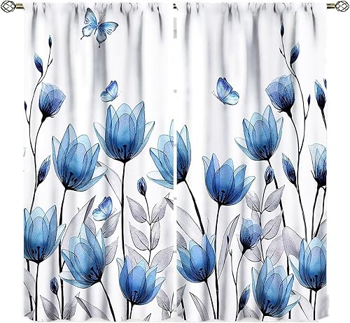 Miniatura 1 de Cortinas de flores azules con tulipanes florales para mujer, plantas botánicas de mariposa, elegantes y pequeñas, para sala de estar, tela de