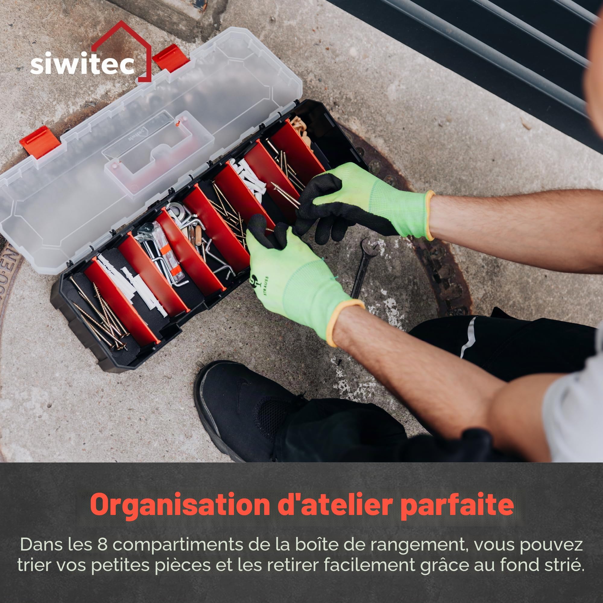 siwitec Lot de 6 boîtes de rangement avec 8 compartiments et 7 séparateurs réglables, boîte de rangement pour petites pièces, boîte de rangement pour petites pièces, en plastique, 450 x 150 x 90 mm