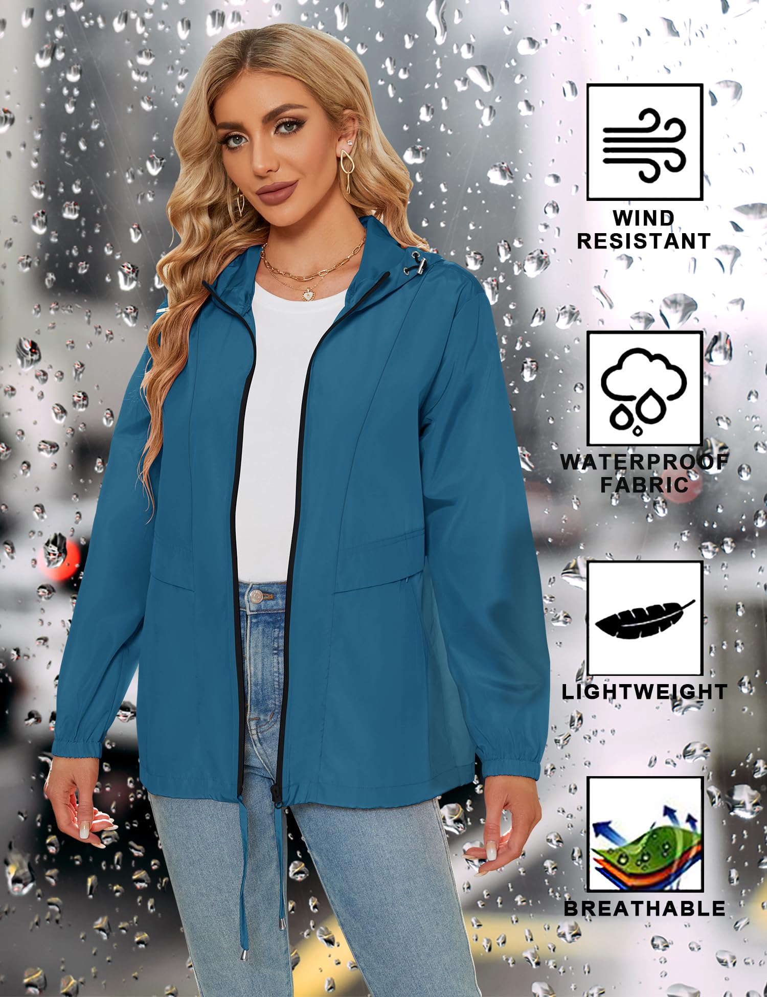 Tisfeer - Impermeabile da donna con cappuccio, leggero, antivento, ripiegabile, giacca a vento con cappuccio