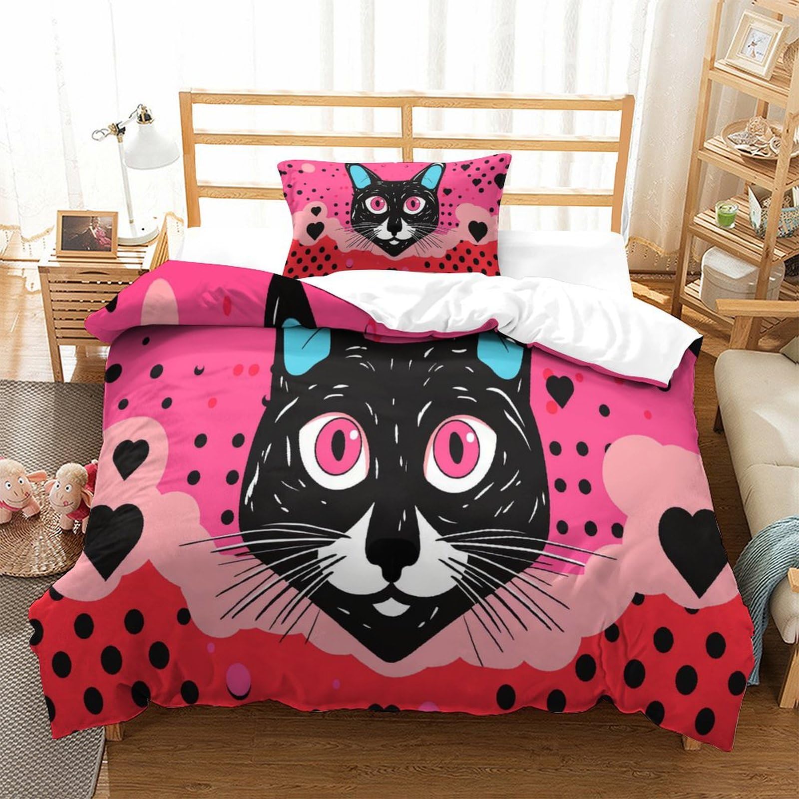 P1S9U7W5Y Playful Pink Cat 3D Printed Duvet Cover Set 3pcs Microfiber Cat Bedding Set Single