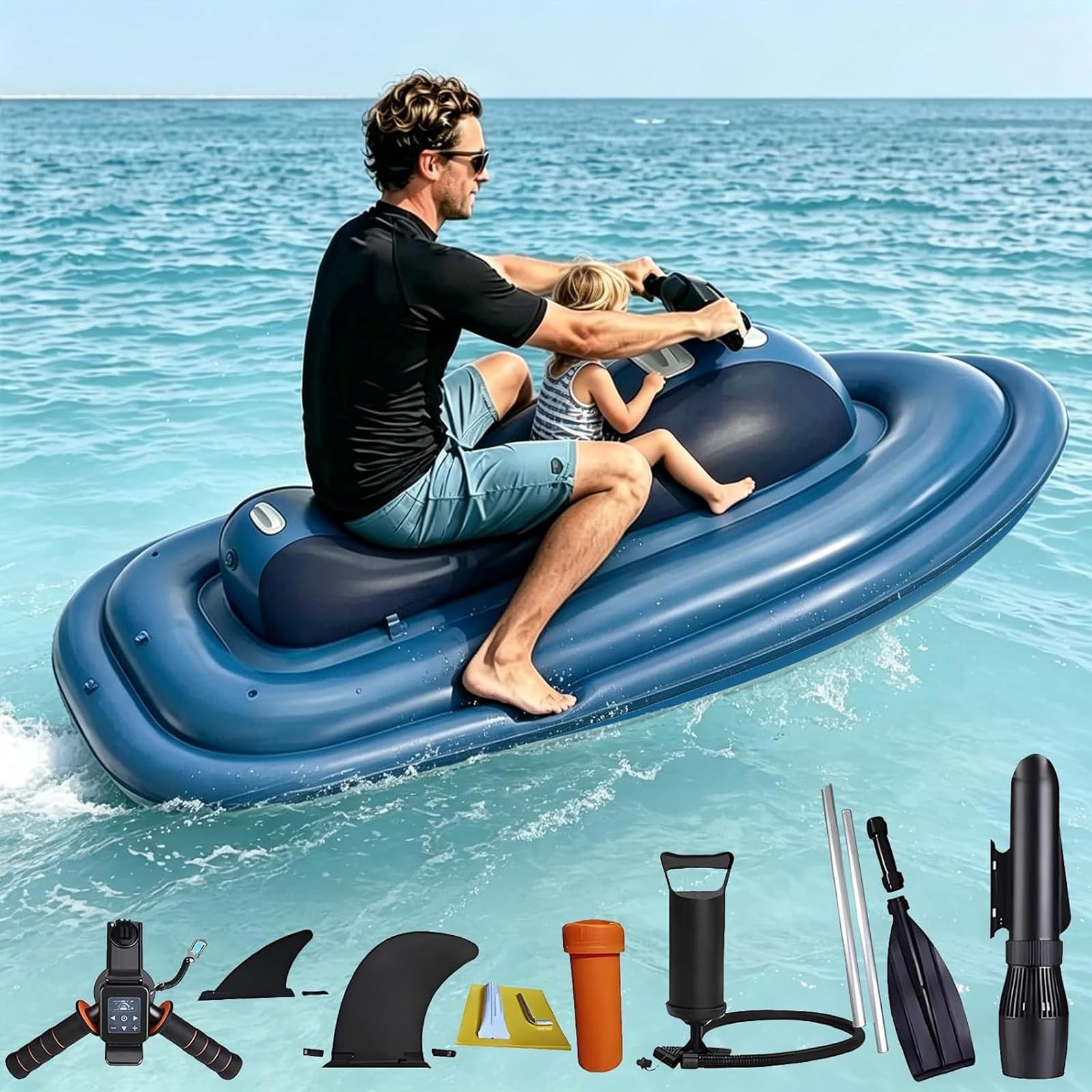 Barco Jet Eléctrico Hinchable para 2 Personas con Scooter Subacuático 500W/700W, Velocidad 3–9 km/h, Autonomía 130 min, Profundidad 40 m – para Buceo, Pesca y Aventuras en la Costa 16A