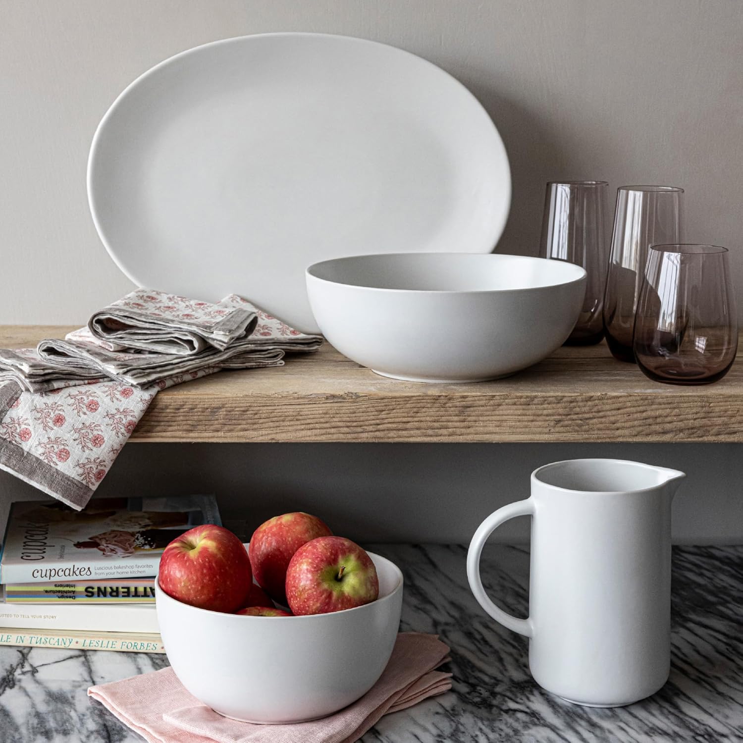 over&back Coupe Stoneware Pitcher - Elegant Water Pitcher for Home Decor and Beverages - 42 Oz - Semi-Matte White