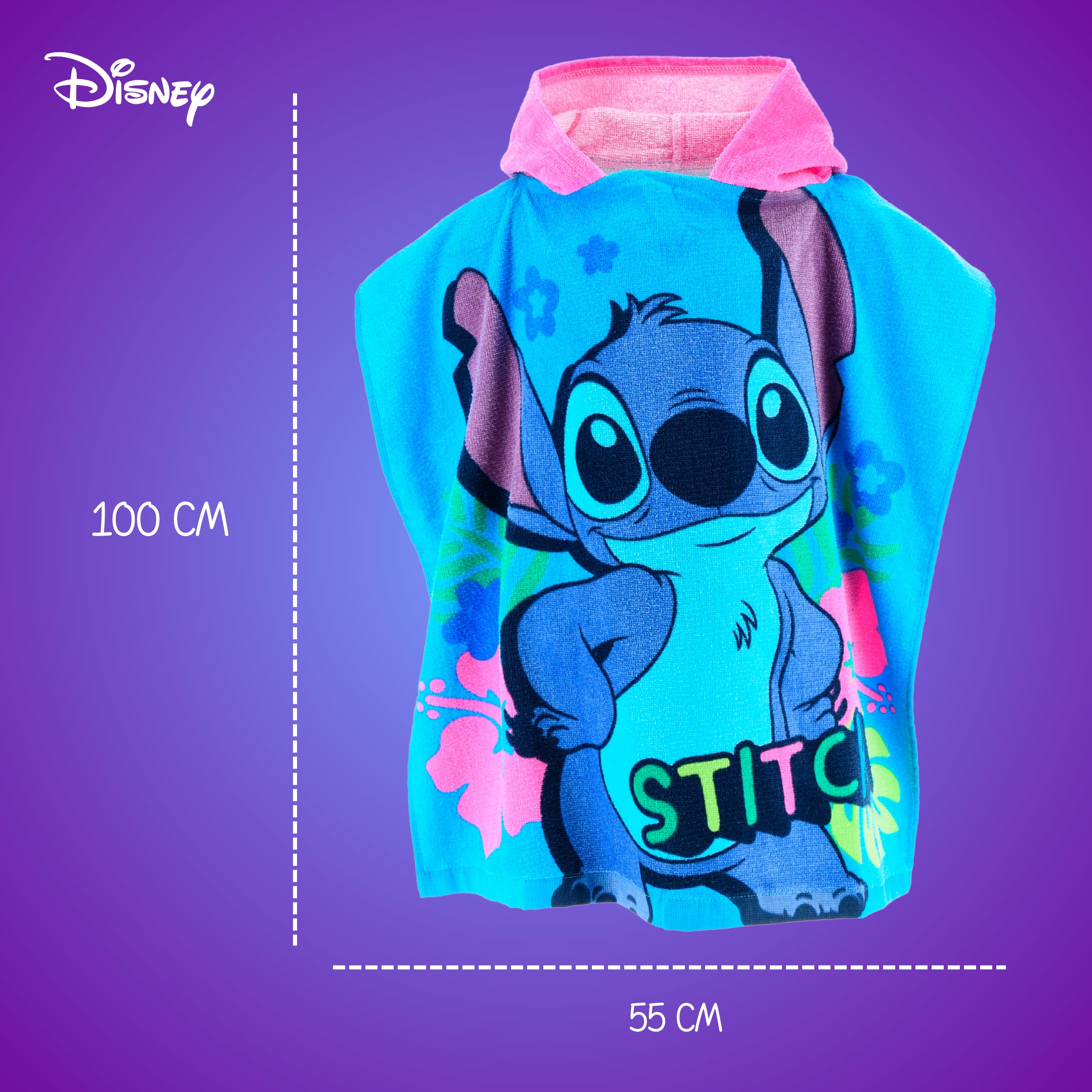 Poncho Serviette Stitch Capuche Bleu - Enfant Disney | 50x115 Cm Séchage Rapide Plage Bain