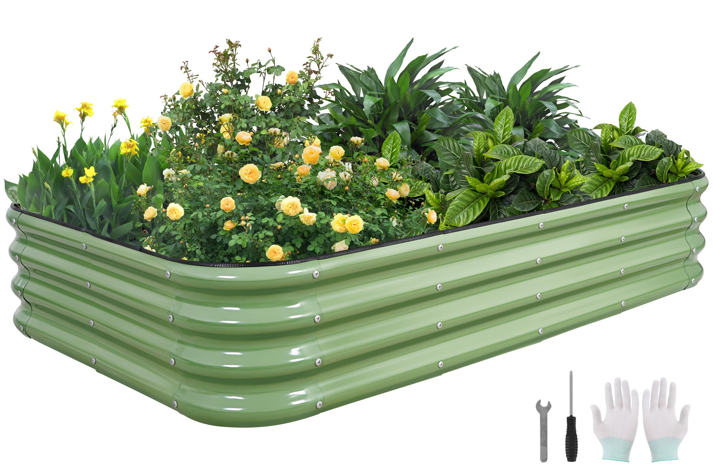4-in-1 Modular Raised Garden Bed Kit - Adjustable Sizes (5x3x1ft, 4x4x1ft, 6x2x1ft, 7x1x1ft) - Heavy Duty Galvanized Steel Planter Box with Bracing Rods & Gloves for Vegetables, Fruits