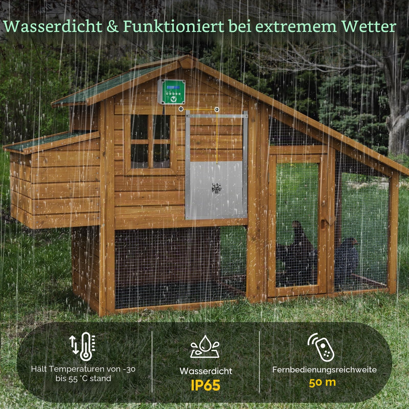 Automatisches Hühnerhaus Hühnerklappe,Elektrische HühnerklappeTüröffner Hühnerstall mit Timer und 2 Fernbedienungen,Elektrisches Hühnerhaus zum Schutz der Hühner Grün(Enthält Keine Tür)