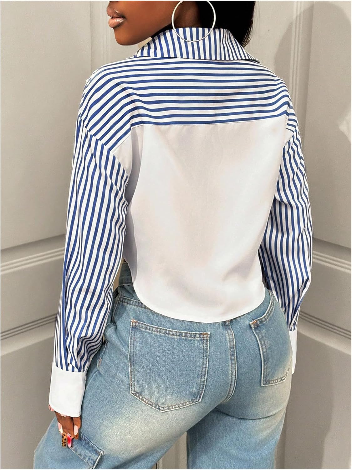 Floerns Women's Striped Long Sleeve Shirts Button Down Colorblock Dressy Casual Crop Tops - Image 3
