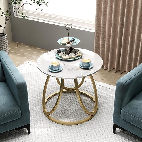 Miniatura 6 de OIOG Mesa auxiliar redonda para sala de estar, mesa auxiliar dorada con piedra natural marmoleada, mesita de noche para dormitorio