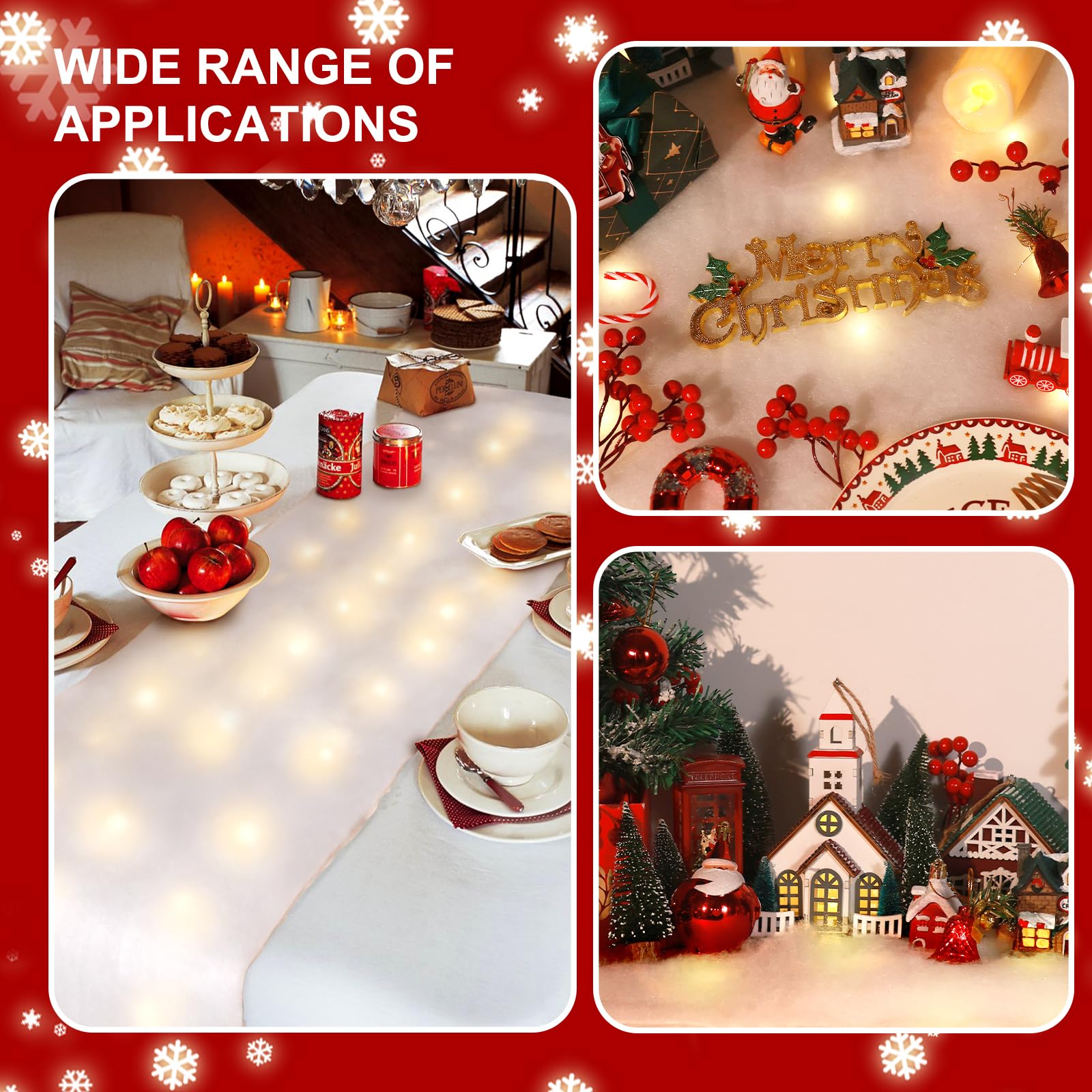 hatisan Lot de 2 rouleaux de couverture de neige artificielle avec 100 guirlandes lumineuses à DEL, décoration d'hiver pour arbres de Noël, village, artisanat, intérieur et extérieur