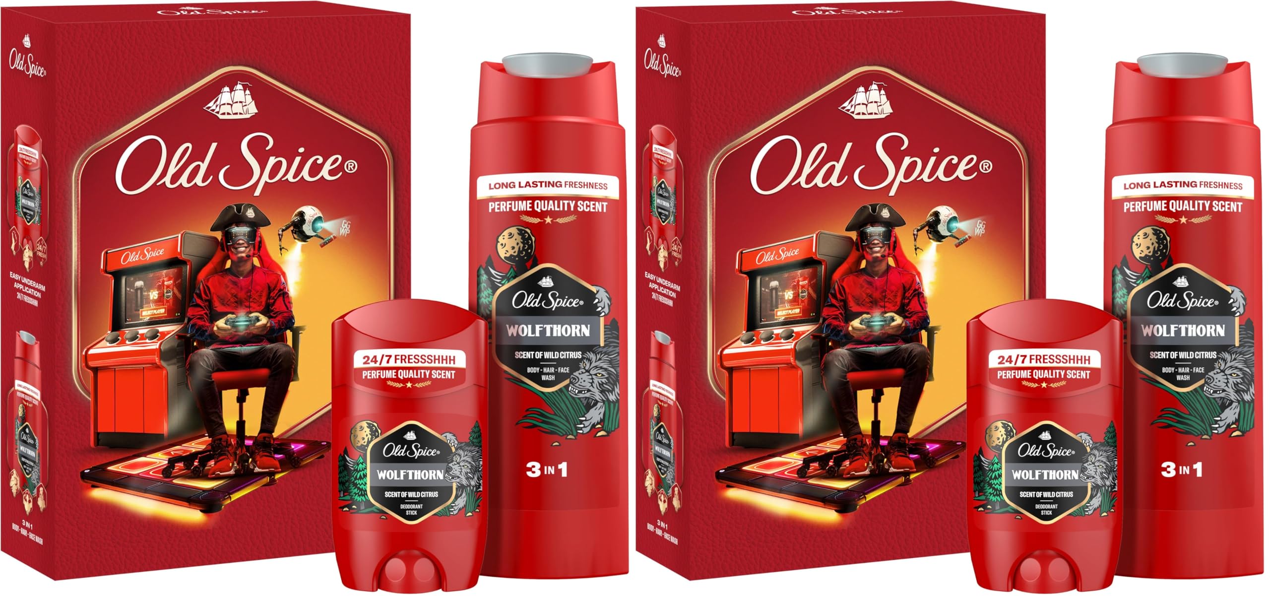 Old Spice Gamer Geschenkset für Männer mit Wolfthorn Deostick und Duschgel, 24/7 Frischhh bei täglicher Anwendung, langanhaltender Duft in Parfumqualität (Packung mit 2)