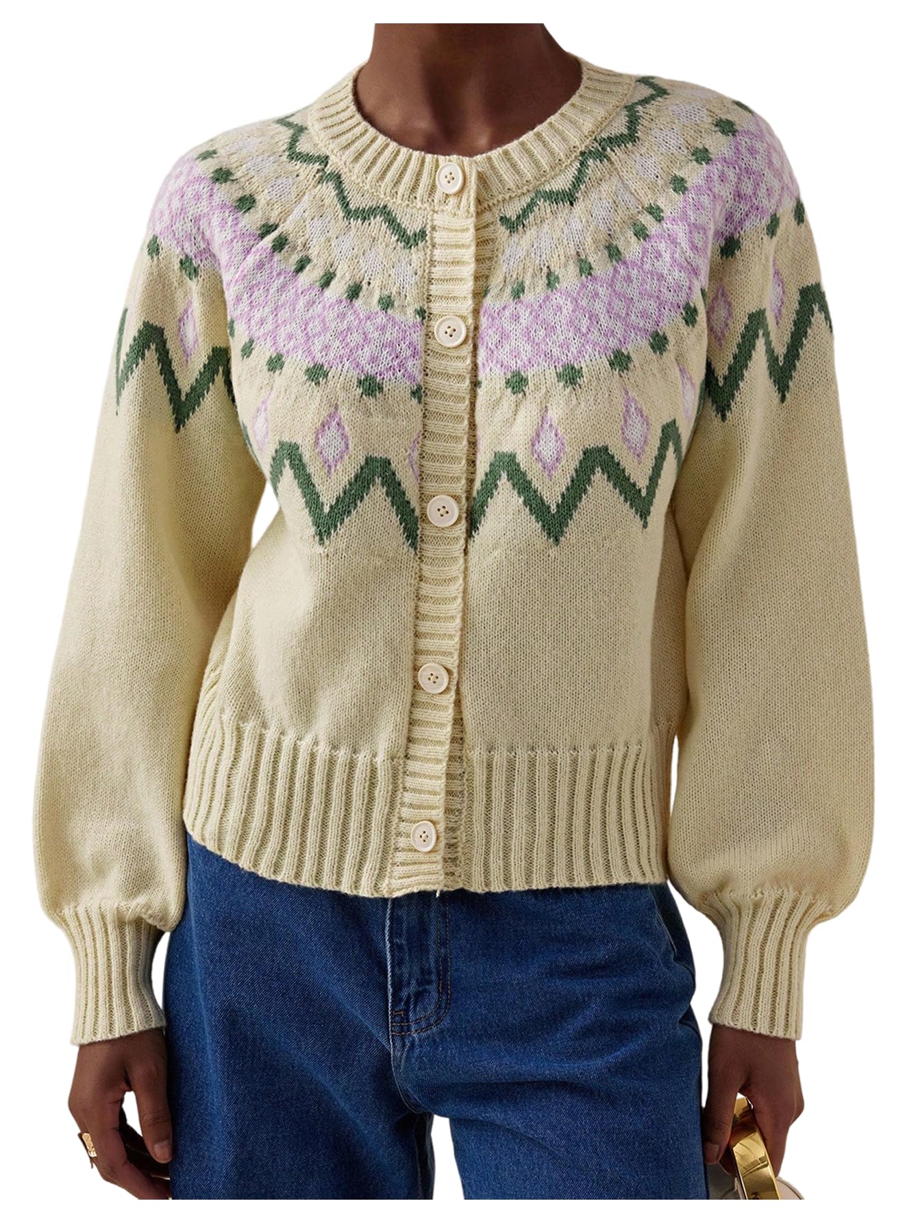 MakeMeChic Womens Fair Isle Ugly Cardigan Sweaters Long Sleeve Crew Neck Button Down Sweater Vintage Knit Top