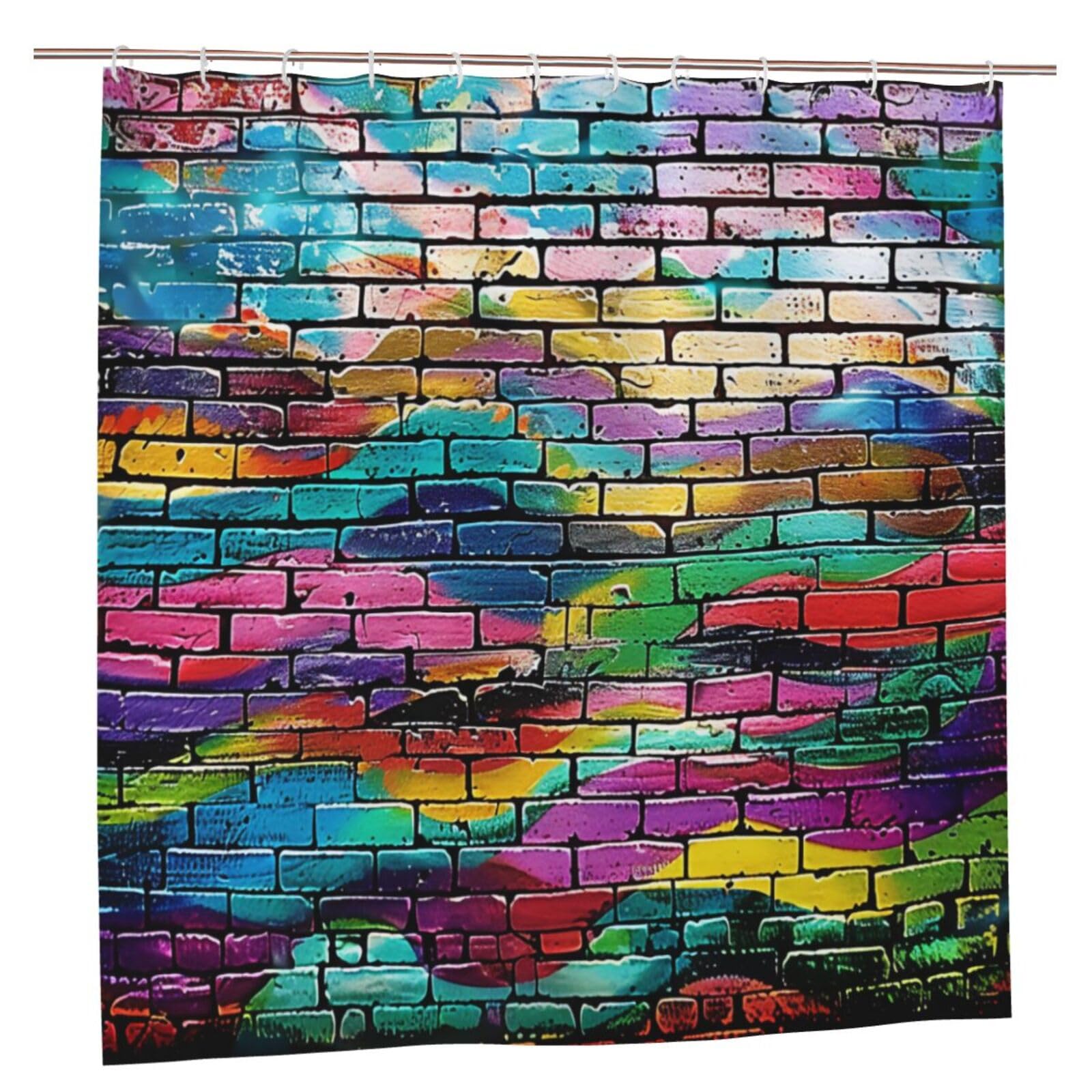 BWWHCCTI Graffiti Colorful Brick Printed Shower Curtain With 12 Plastic Hooks Opaque Quick Drying Waterproof Shower Curtains Sets For Bathroom 183x183 CM