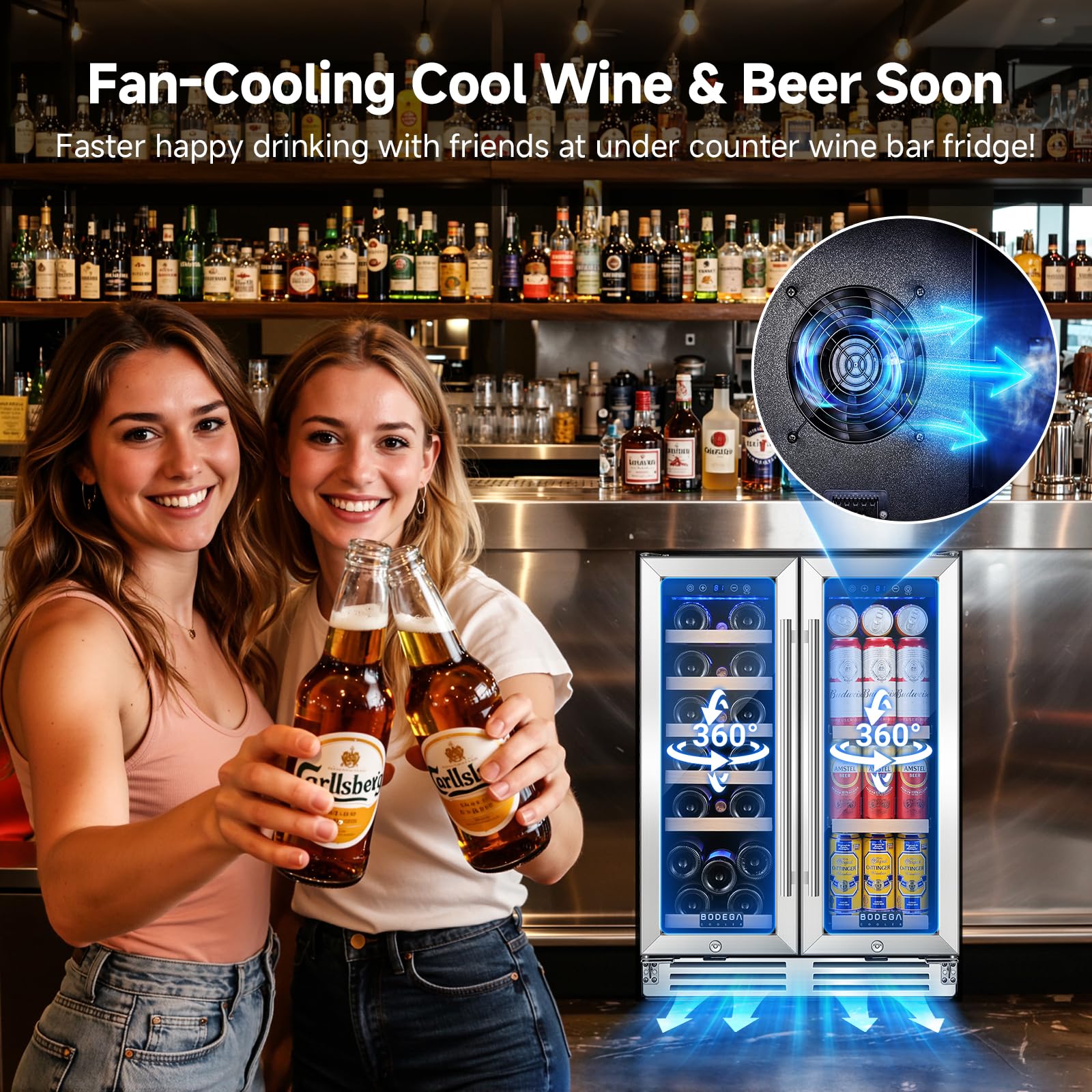Bodegacooler Wine And Beverage Refrigerator, 24 Inch Dual Zone Wine Fridge, Holds 20 Bottles And 74 Count, French Doors, Under-Counter Or Freestanding Wine Cooler, Beverage Fridge With Tempered Glass on Fridge.com - View 3
