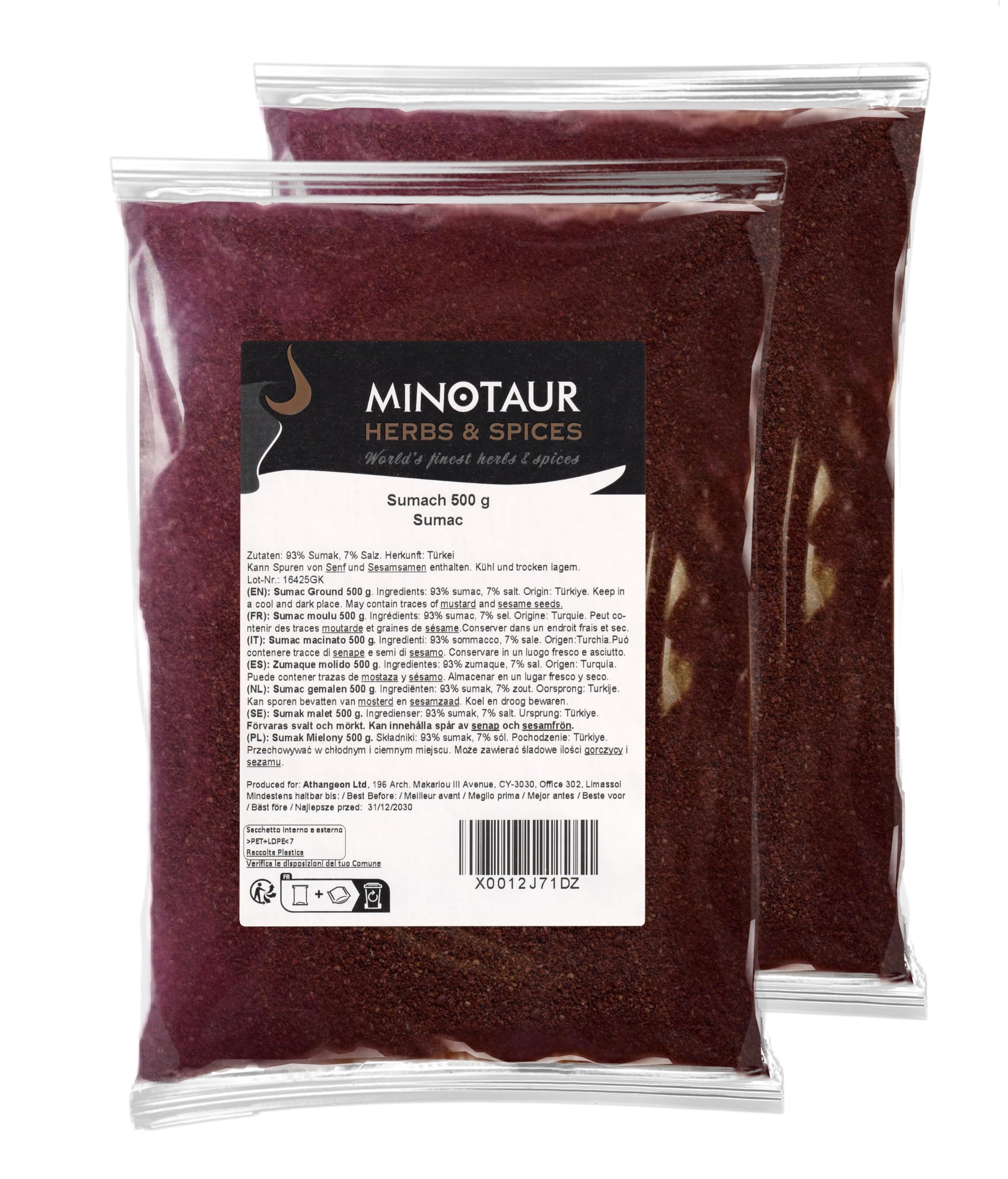 Minotaur Spices | Sumac 2 x 500g (1 kg) | Sommacco | Aceto Albero Spezia Polvere macinata