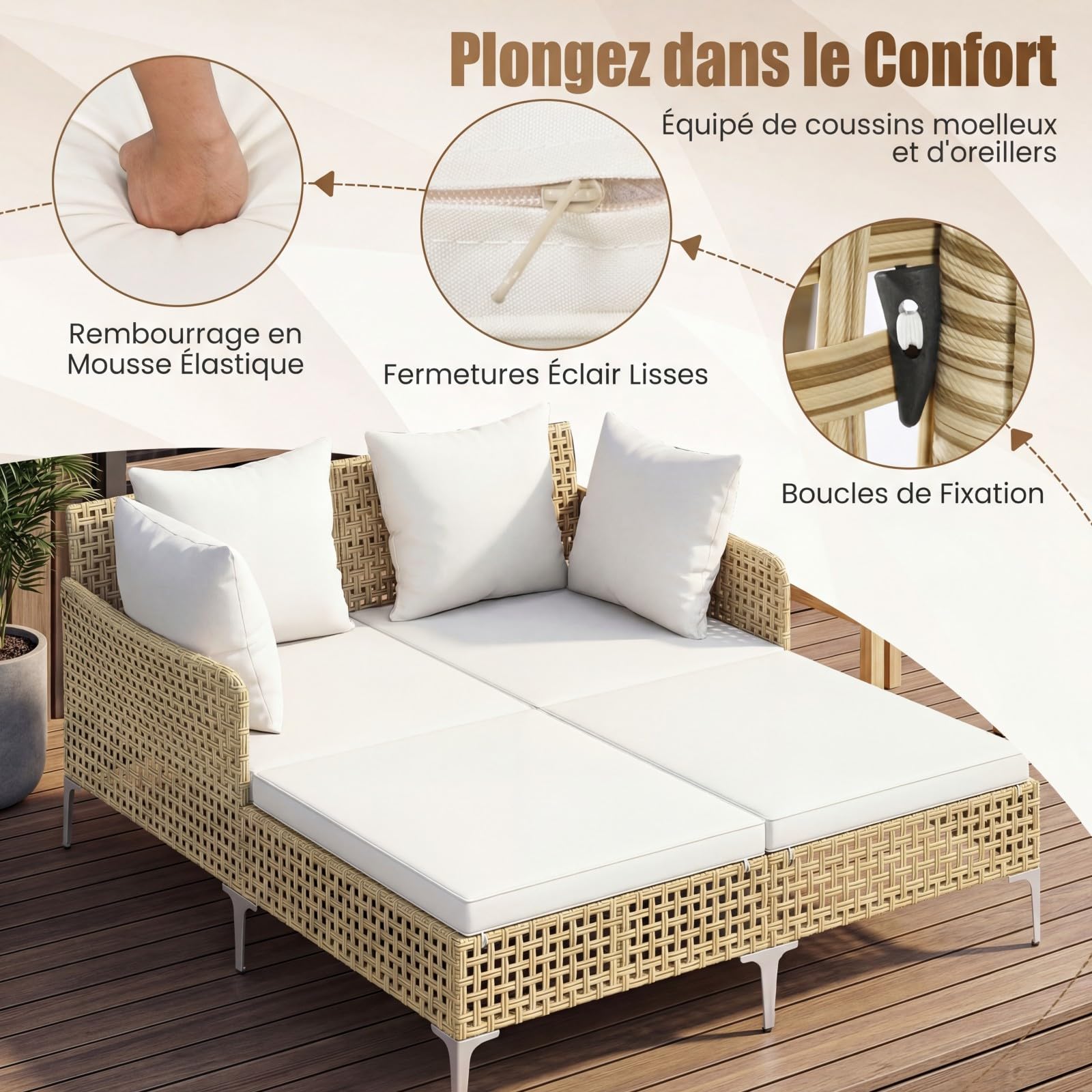 COSTWAY Bain de Soleil Double en Rotin PE, Cadre en Métal, Charge 360 kg