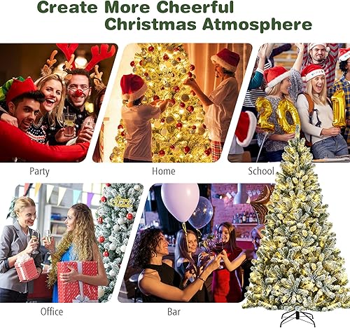 Miniatura 5 de Happygrill Árbol de Navidad artificial flocado de 7 pies con bisagras, árbol de Navidad artificial preiluminado con 1,116 puntas de rama, 450 luces