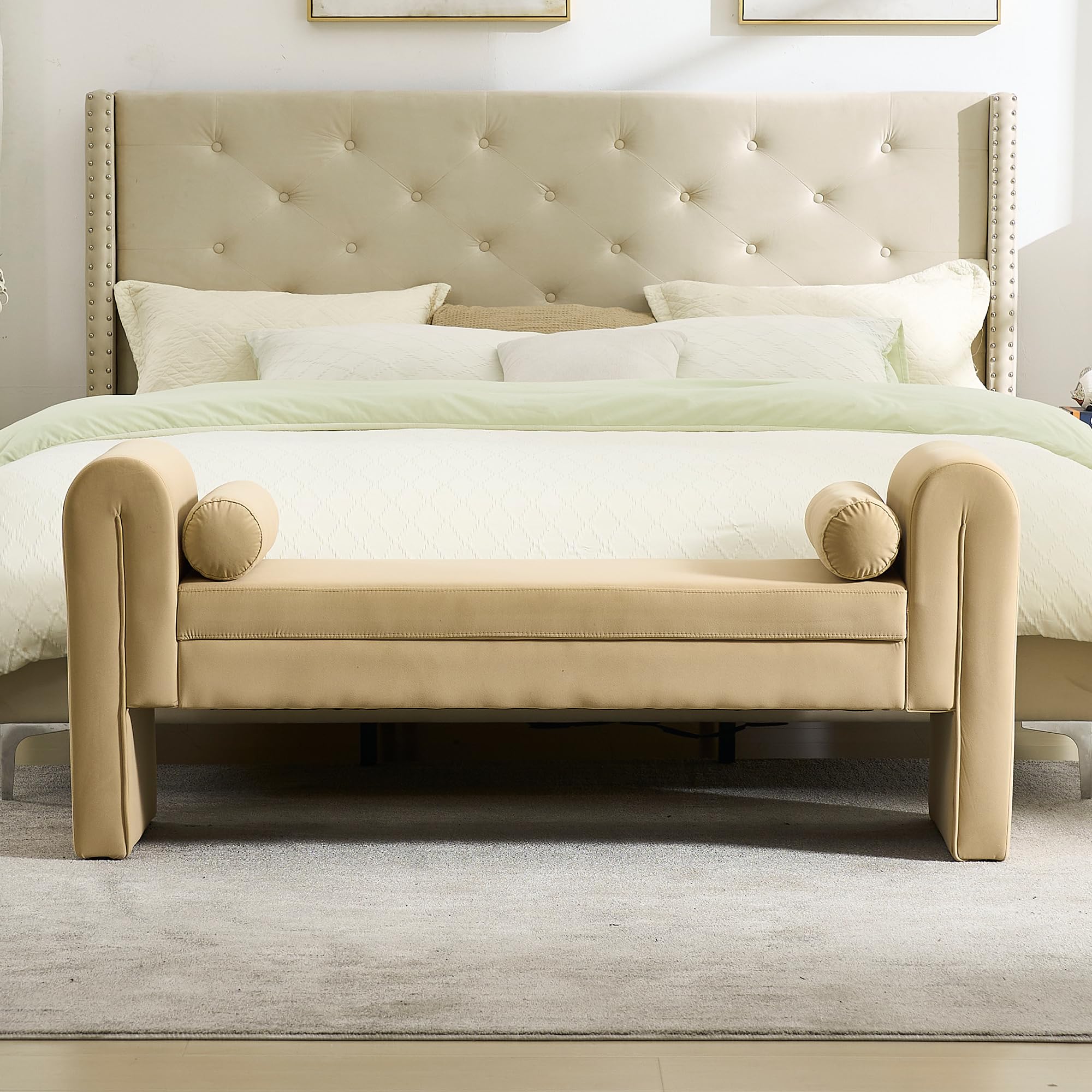 Hdxdkog Storage Bench for Bedroom End of Bed, Velvet Upholstered Rolled Armed Button Tufted Sofa Stool Bench, Storage Ottoman Couch Long Bench with Solid Wood Legs ()