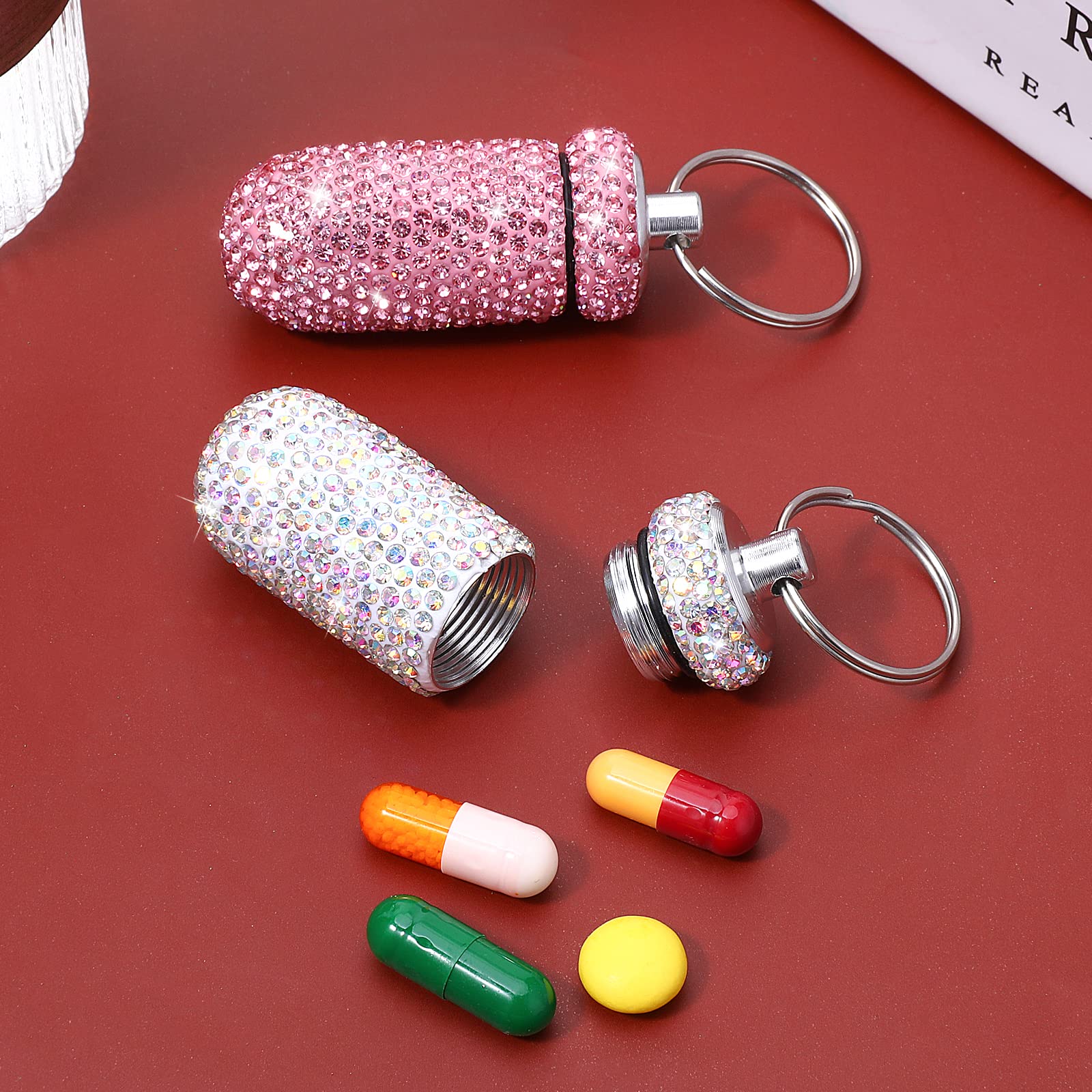 Cobee Contenedor de píldoras brillante, impermeable, portátil, mini pastillero de cristal, caja de almacenamiento con llavero para viajes al aire libre y camping