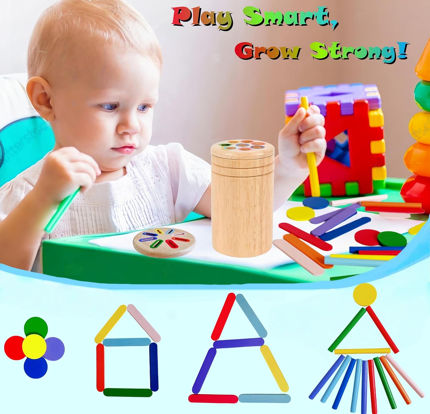 Wooden Montessori Toys for 3 Year Old Boys Girls，Learning Color Sorting Toys for Toddlers，3 in 1 Toddler Pre-School Toys (3 Types-Lids)
