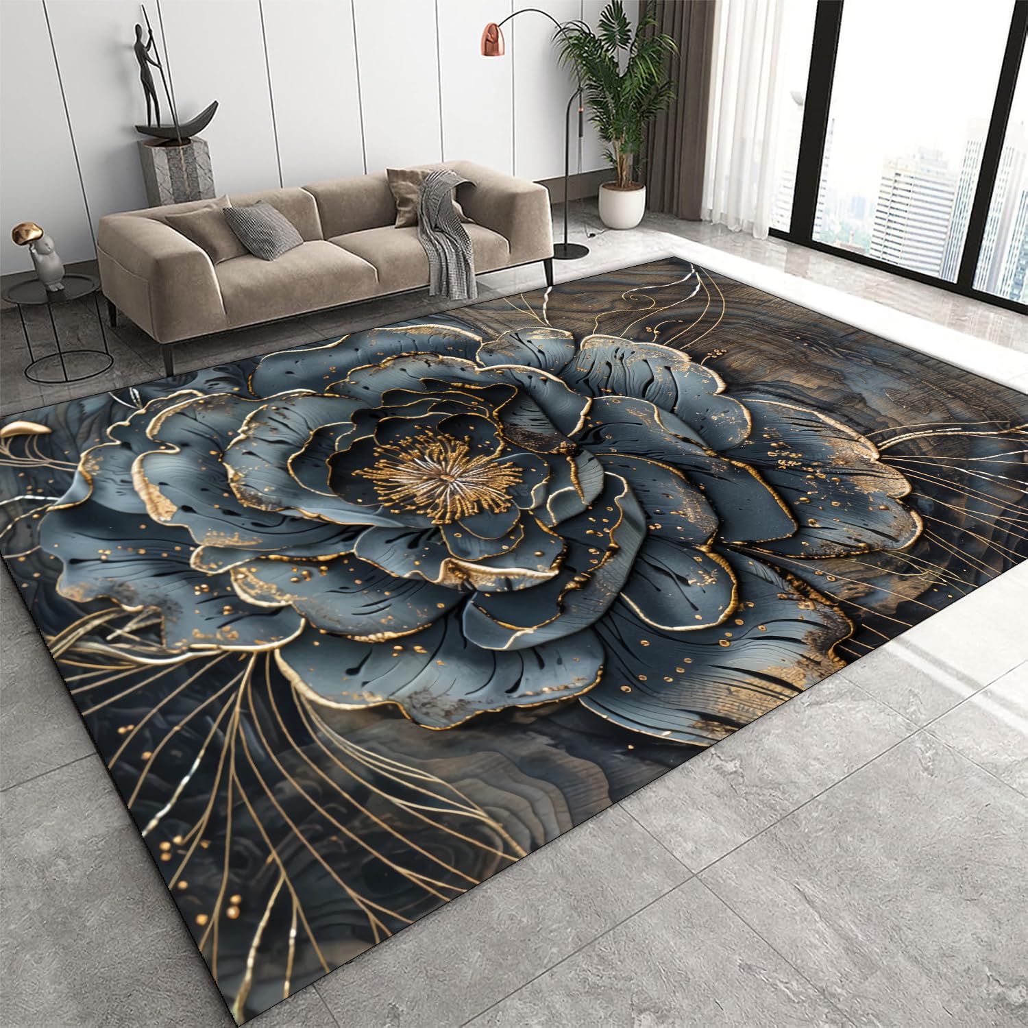 PDENZG Peony Floral Area Rug,180x230cm,3D Flower Stamen Rug,Gold Rugs for Living Room, Soft, Non-Slip 3D Printed Carpet，for Bedroom Apartment, Dining Room, Office, Hotel Lobby Meeting Room