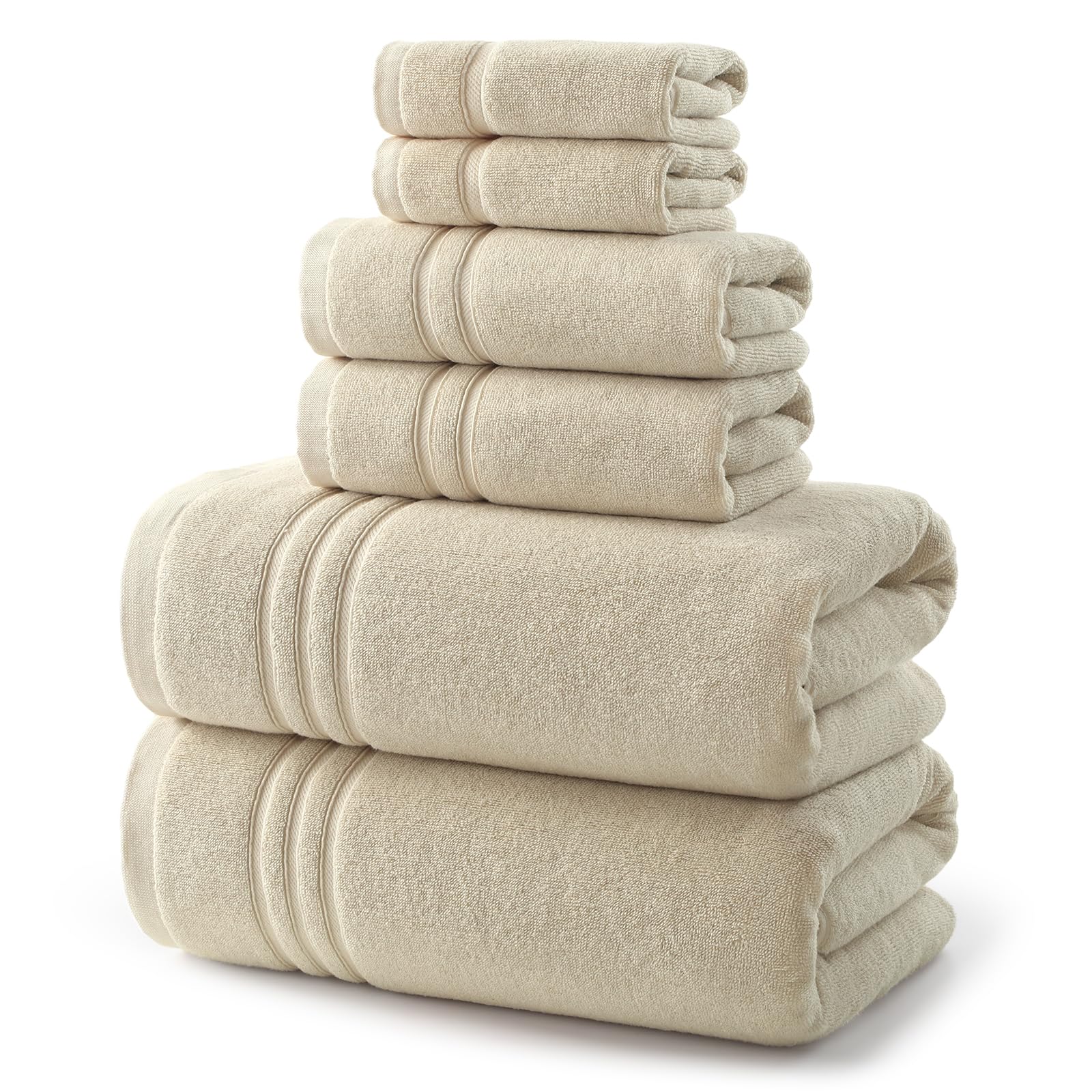 REDKISS Beige Towels Set 6 Piece Cotton Towel Sets with 2 Bath Towels 2 Hand 2 Washcloths 650GSM