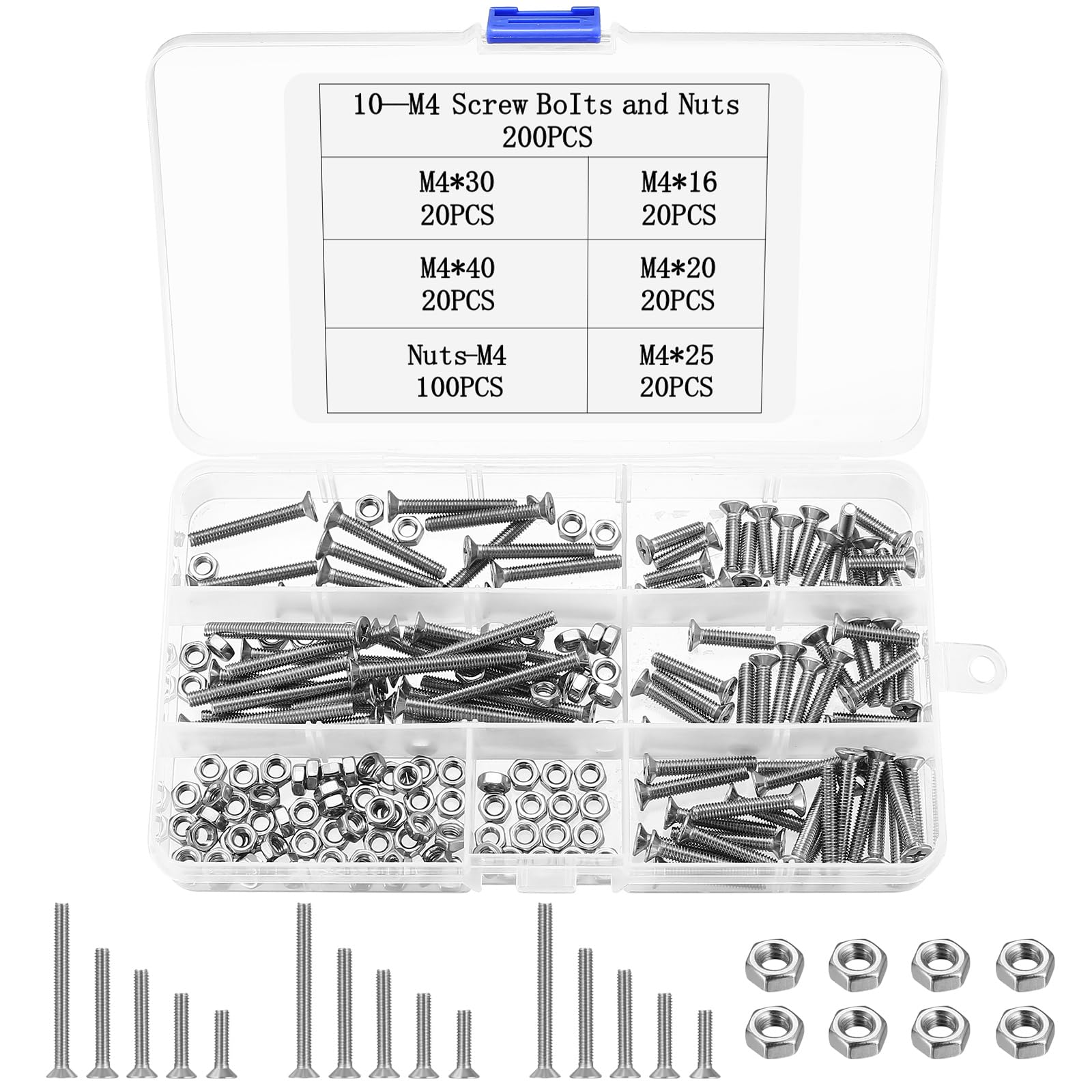 200 Pcs M4 Screws Set, M4 Countersunk Bolts and Nuts Sets, Assorted Nuts and Bolts, Stainless Steel Flat Head Hex Socket Head Cap Screws Set, Flat Machine Screw Assortment Kit