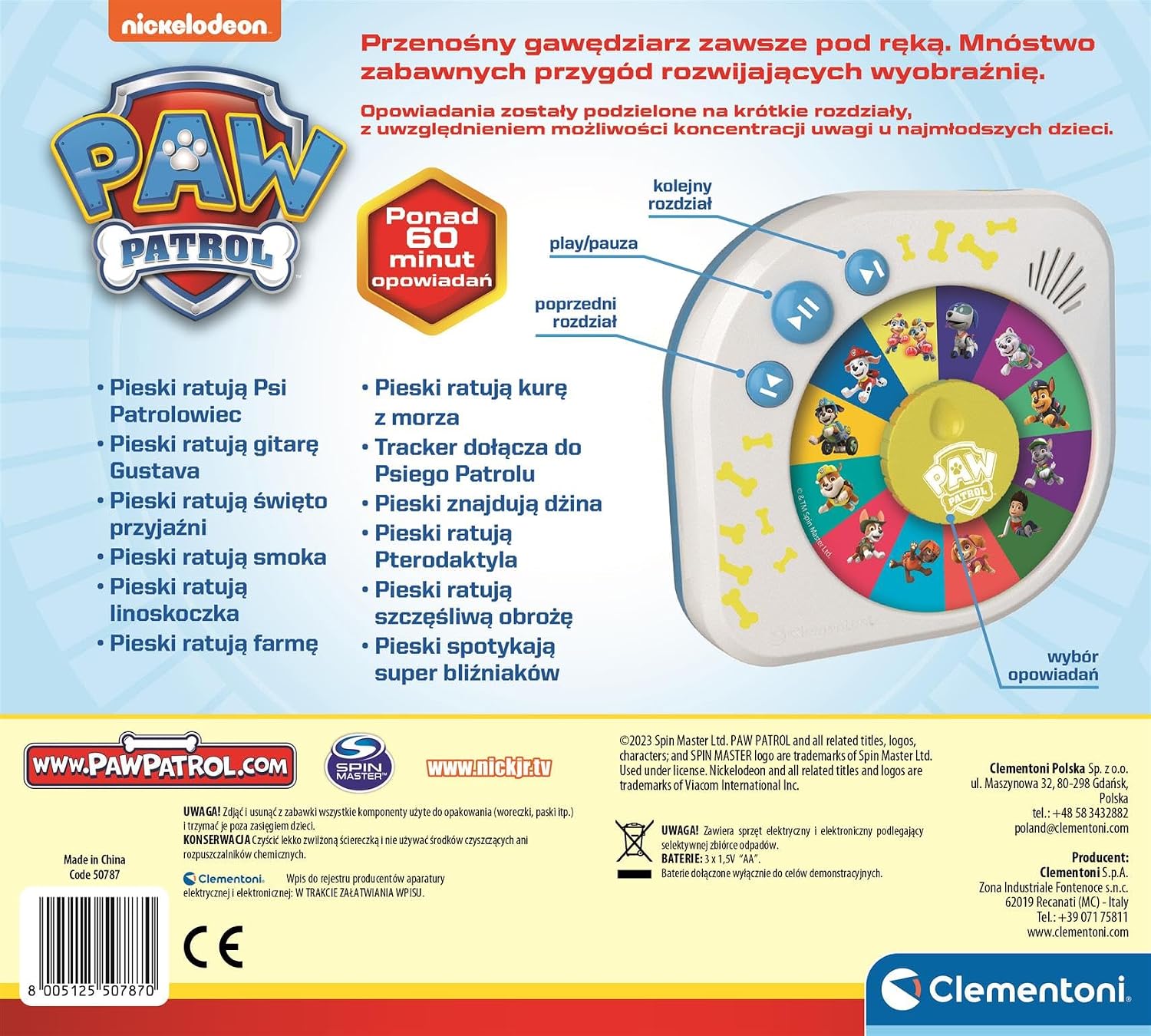 Clementoni Opowiadacz Historii Paw Patrol Przenośne Urządzenie Audio Interaktywne z Przygodami i Opowieściami Szczeniaczków Edukacyjna Zabawka dla Dzieci 3 50787