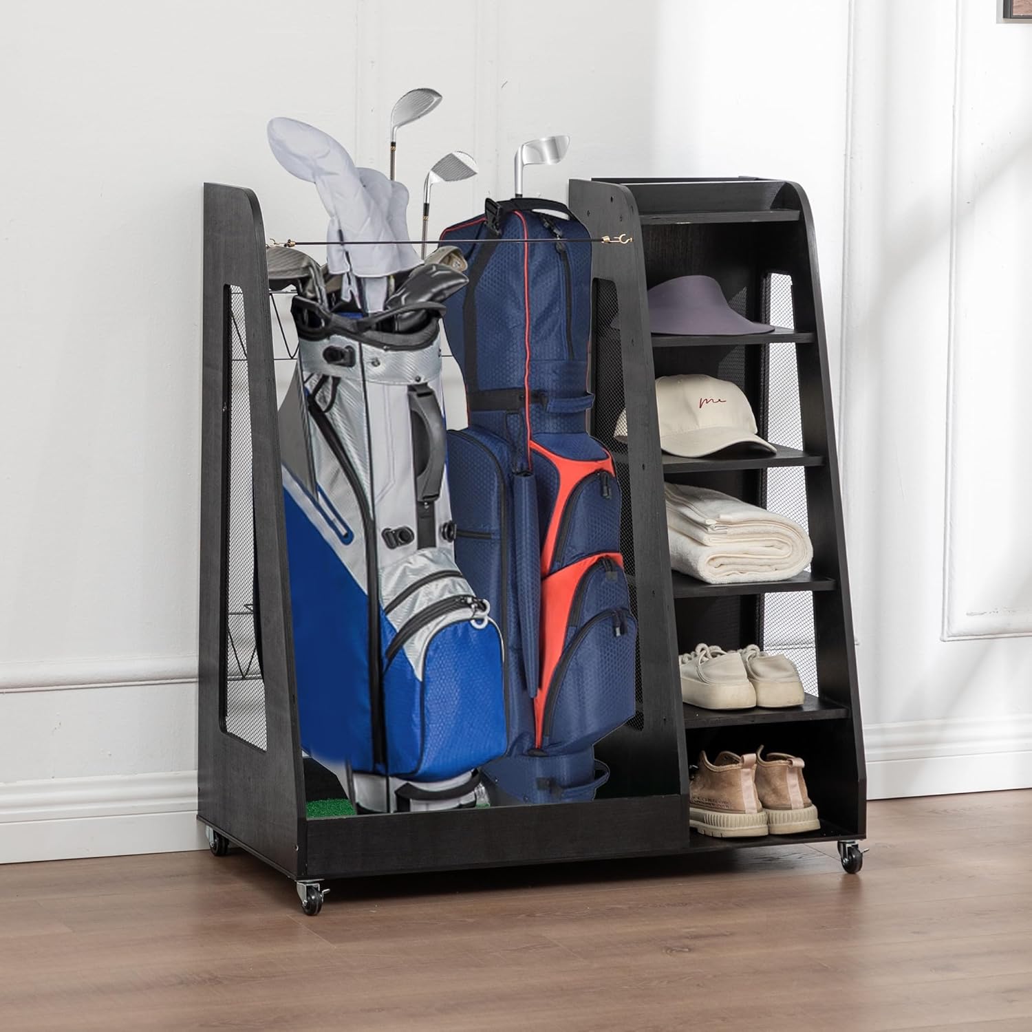 Premium Golf Bag Organizer for Garage – Wooden Golf Clubs Storage Rack Fits 2 Golf Bags, Ideal Golf Trunk Organizer for Car, Garage, Clubhouse, Shed & Basement(Black)