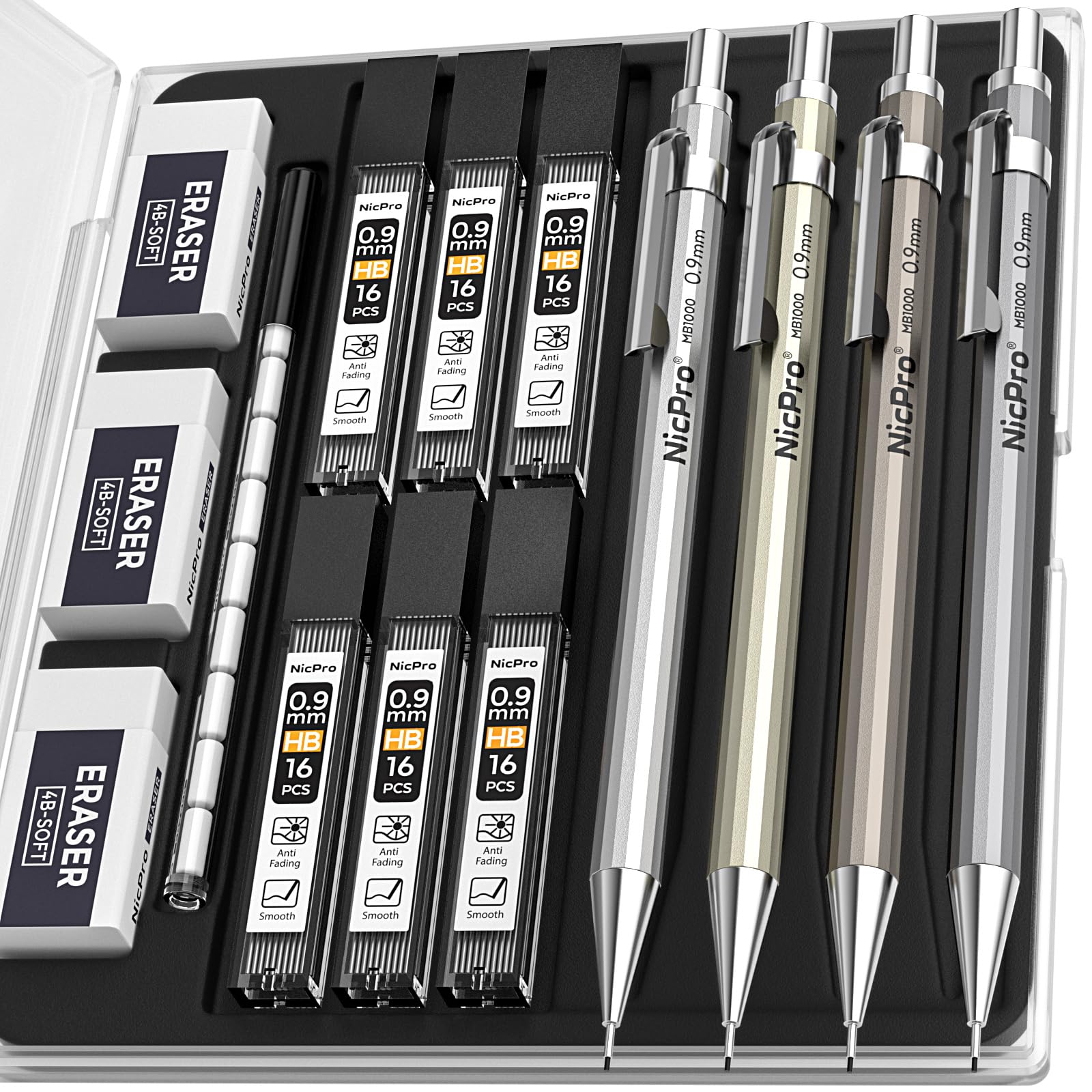 Nicpro Juego de 4 lápices mecánicos de metal de 0,9 mm, MB1000, lápices de dibujo con mina de 0,9 mm, con 6 recargas HB #2, 3 gomas de borrar 4B, 9 tapas para escribir artistas, bocetos