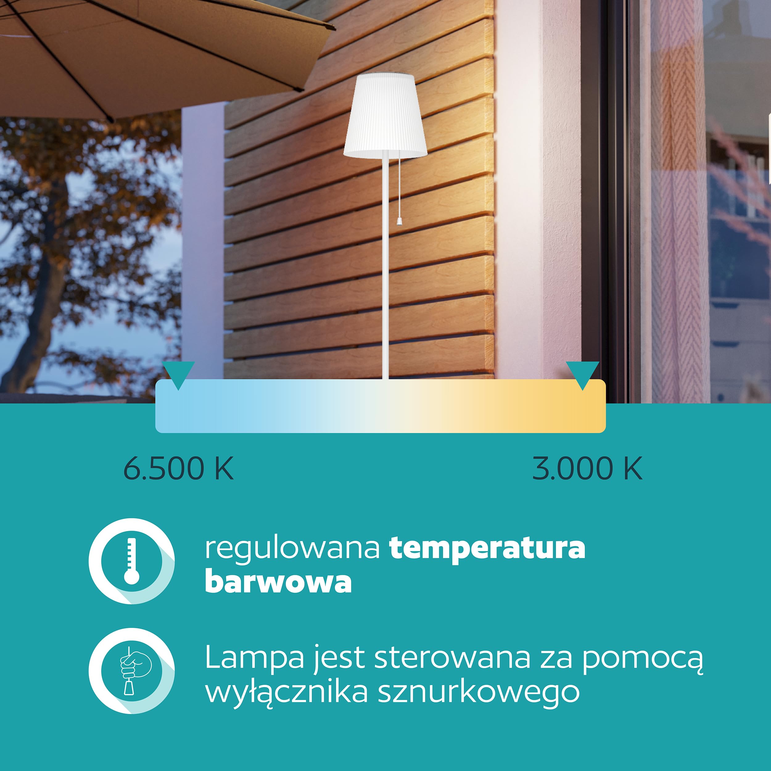 EGLO Scordiano Solarna lampa stojąca na baterie, z przełącznikiem linkowym | bezprzewodowa, do użytku wewnątrz i zewnątrz, stal tworzywo sztuczne w kolorze białym, ciepła biel-zimna biel, IP44