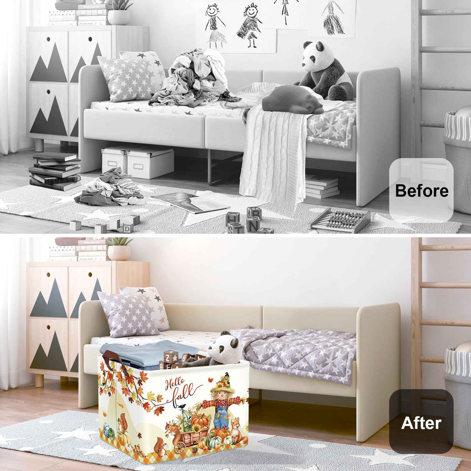 HUUMONSS Happy Thanksgiving Baby Storage Basket Pumpkin Maple Leaf Collapsible Clothes Kids Laundry Hamper Large Boys Girls Gift Toy Box Bin for Nursery Room,Scarecrow,40 * 30 * 30 cm - Image 2
