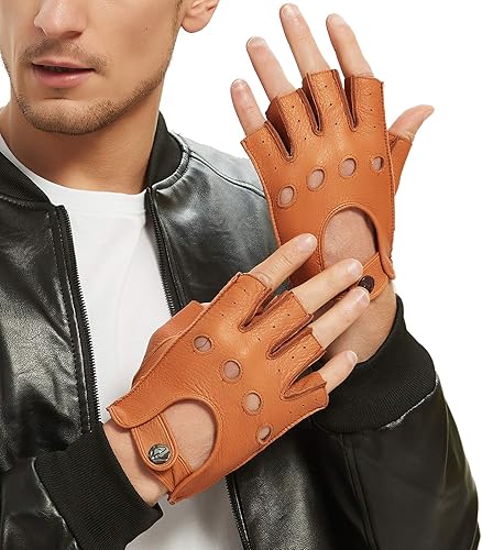 Guantes de cuero sin dedos para hombre, guantes de conducción de piel de ciervo sin forro de medio dedo motocicleta al aire libre