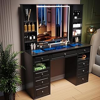 Vanity Desk with Mirror and Light, Glass Top Dresser with 9 Drawers, Van...