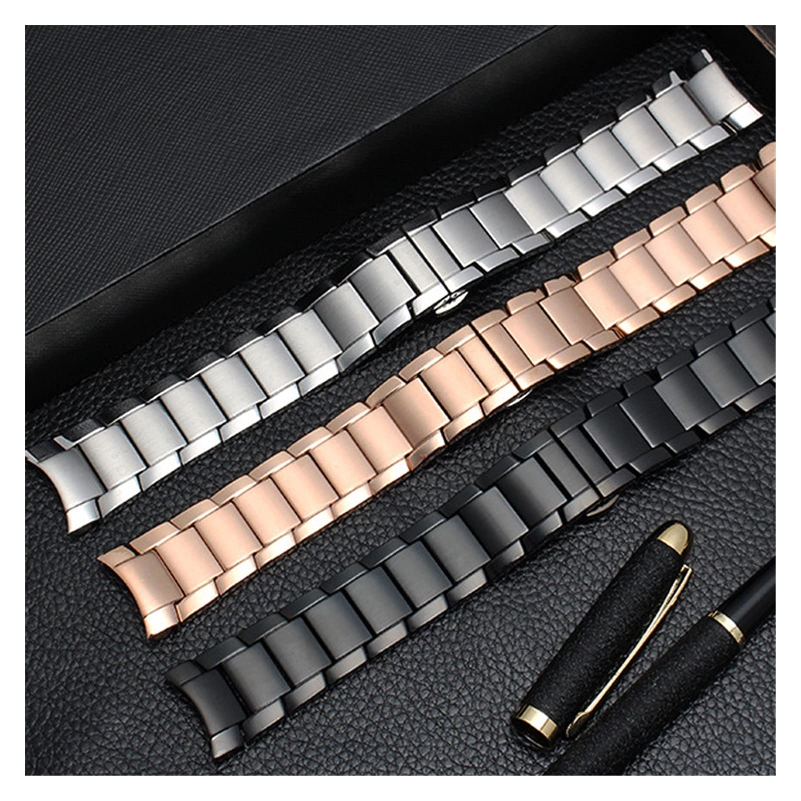 Strape Montre Metal Strap en Acier Inoxydable, Smart Butterfly Boucle grostée Argent Noir Rose Or 22 mm