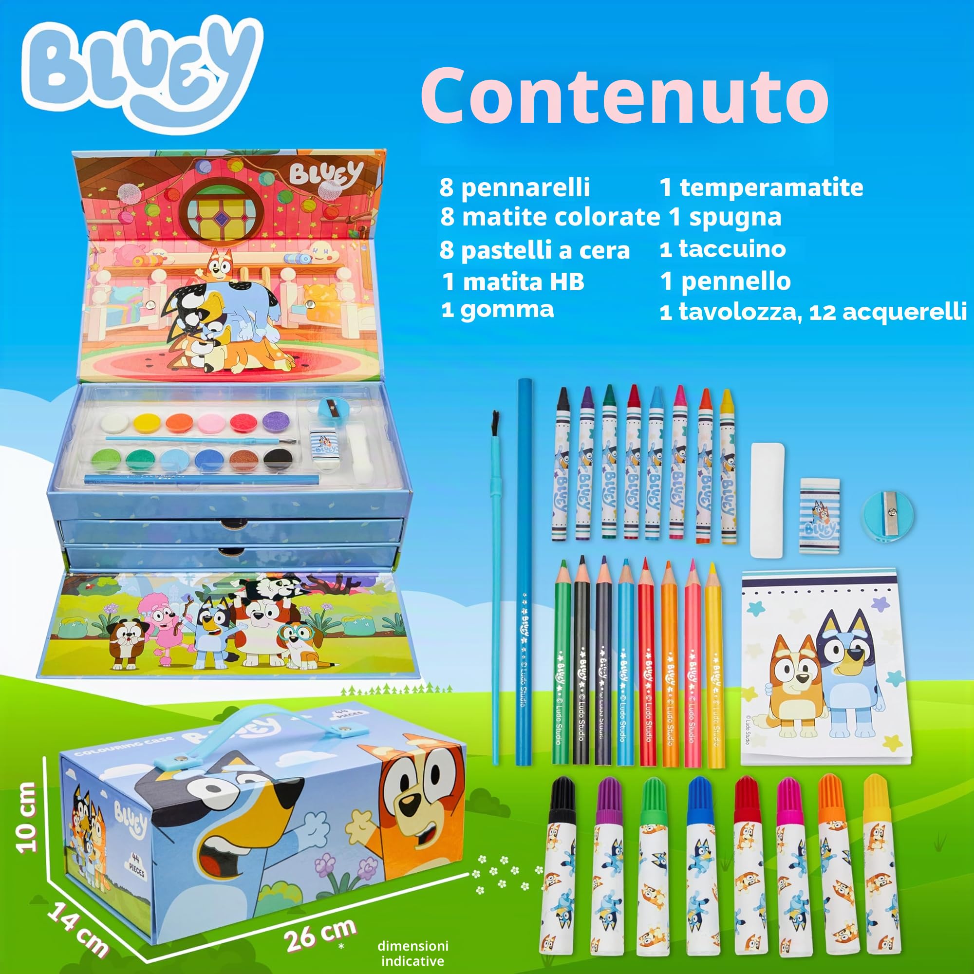 Bluey Valigetta Colori per Bambini, Set Colori Disegno, Penne Colori a Matita Pastelli in Colori Valigetta, Regali Bambini (Blu 3 livelli)