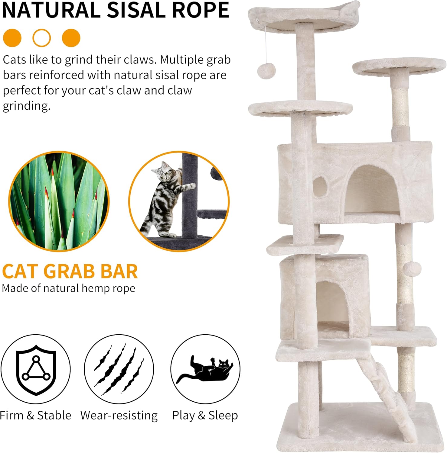 BLKMTY Cat Tree 70" Tall Cats Tower Large Cat Condo Climber Cats Climbing Stand with Top Perches Playhouse and Climbing Ladder Kitty Activity Tree w/Scratching Post Toys, Beige