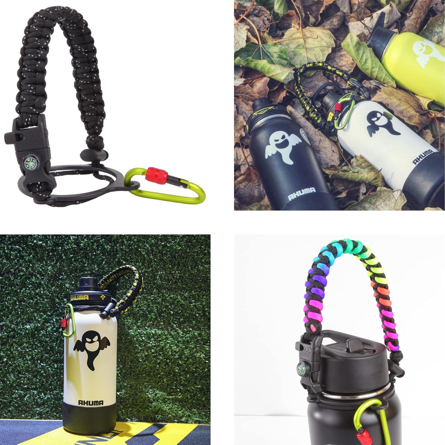 Paracord Handle - Fits Wide Mouth Water Bottles Durable Carrier Strap Cord with Safety Ring,Compass and Carabiner Plus a Protective Silicone Boot
