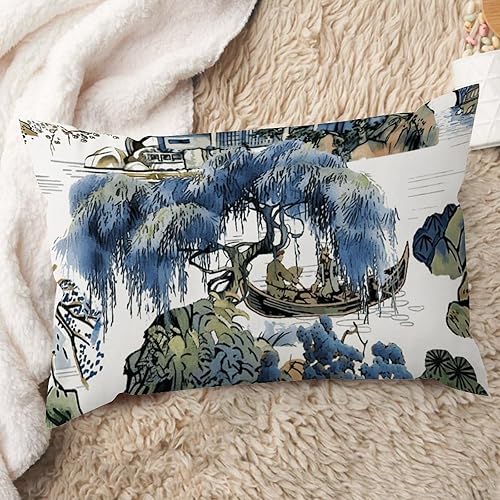 Vista 316 de ArogGeld Chinoiserie - Fundas de almohada escénicas asiáticas, estilo asiático, funda de almohada azul y verde Kelly, funda de cojín para decoración